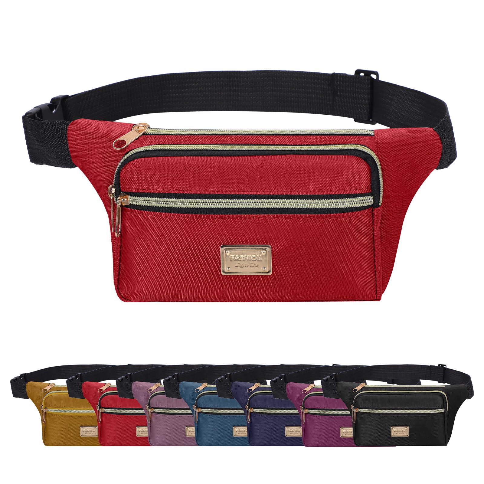 Bum Bag for Women Men Waterproof Bumbag for Ladies Fanny Pack Waist Bag Waist Packs with 4 Zipper Pockets for Running Walking Hiking Jogging Sports (Red)