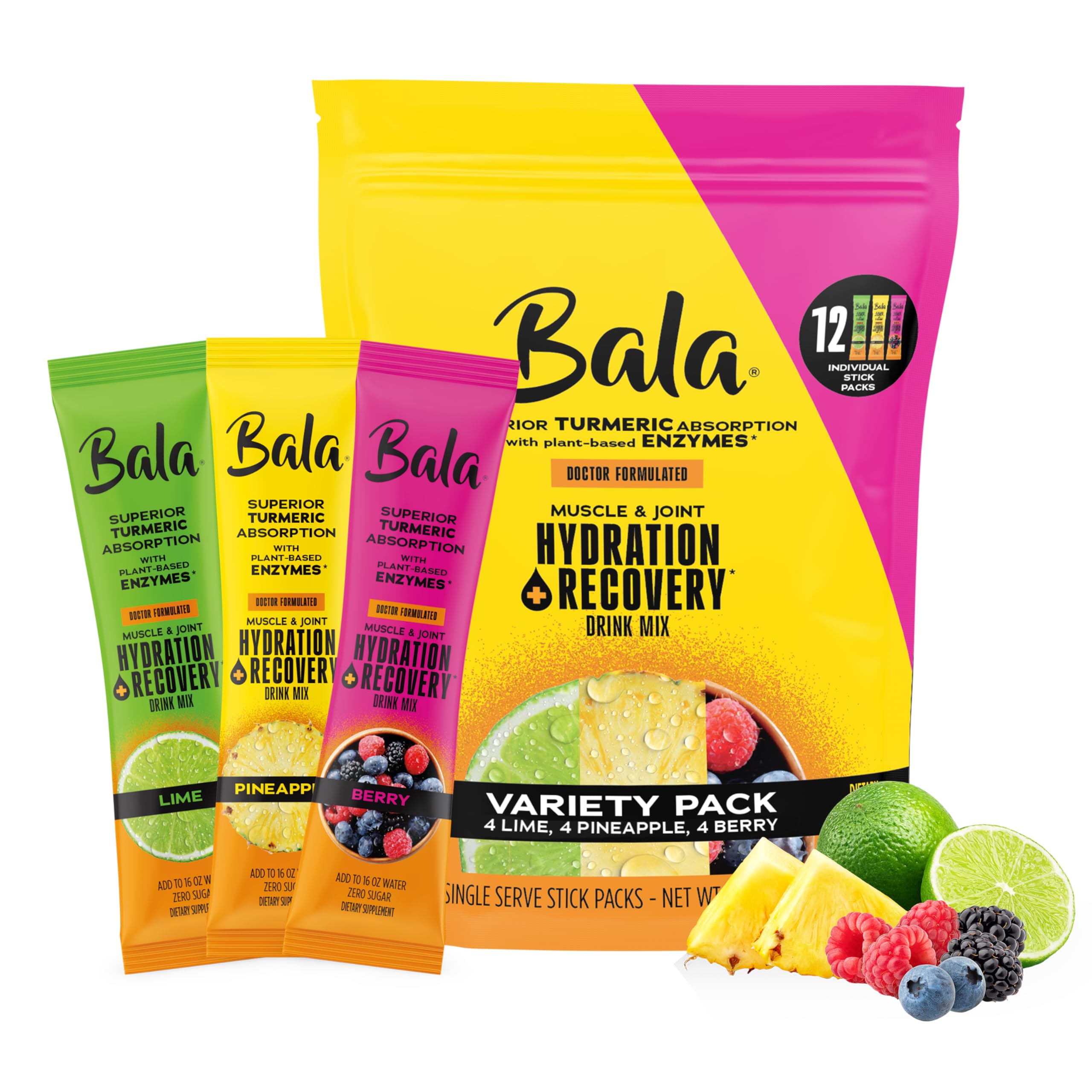 Bala Total Body Wellness Drink Mix - Hydrate & Recover Variety Pack - Pineapple, Lime & Berry - 4 Sticks/Flavor (12 Sticks Pack) - with Enzymes, Turmeric, Electrolytes, Amino Acids & Zero Sugar