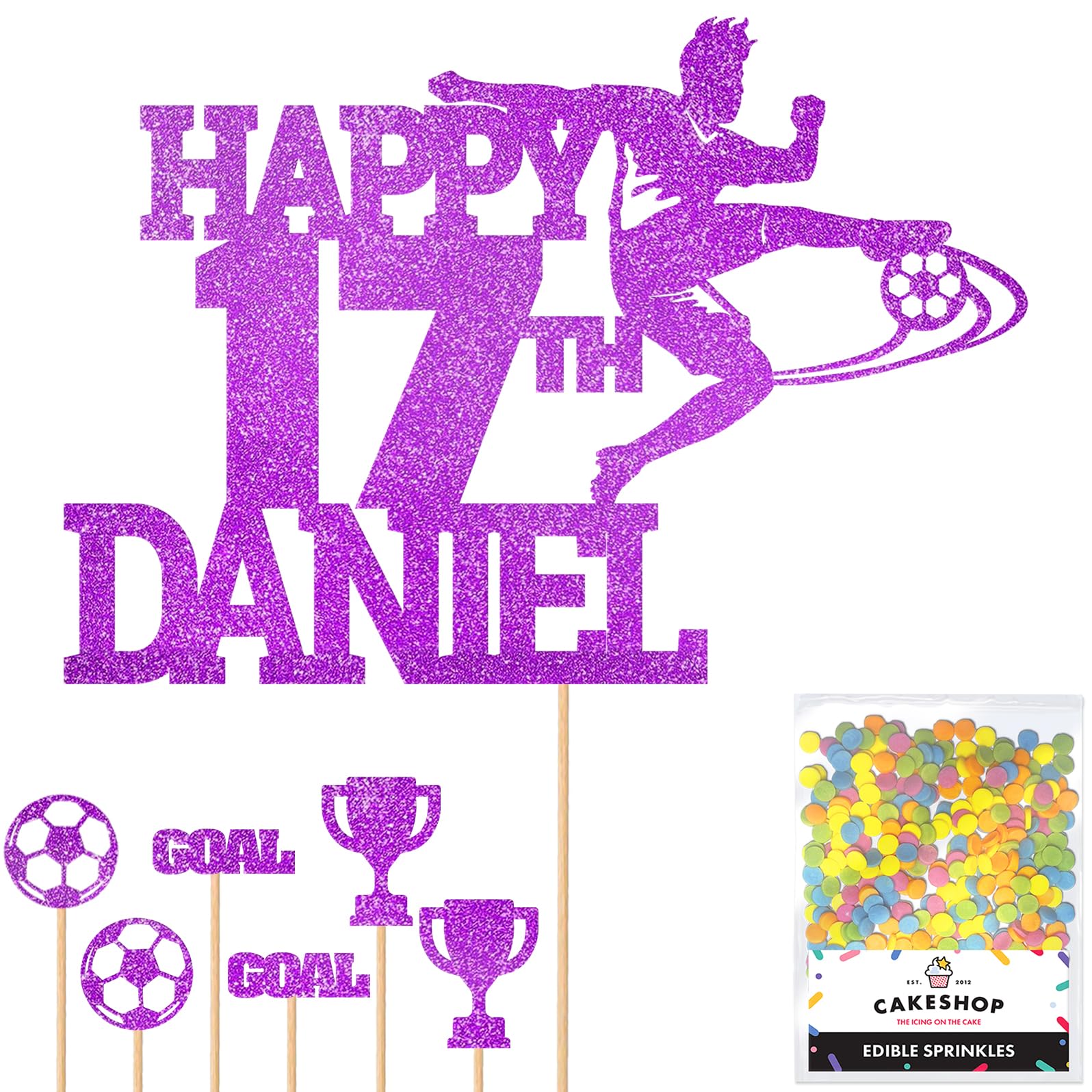 Personalised Birthday Football Footballer Cake Topper- Purple Any Name & Age Glitter Cake Decoration and Sprinkles - Happy Birthday Decorations - Personalised Toppers for Cakes by Cakeshop
