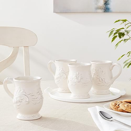 Miniatura 4 de Firenze Ivory - Tazas de cerámica con pedestal de 16 onzas, juego de 4 vasos en relieve de inspiración vintage con mango de fácil agarre, elegantes
