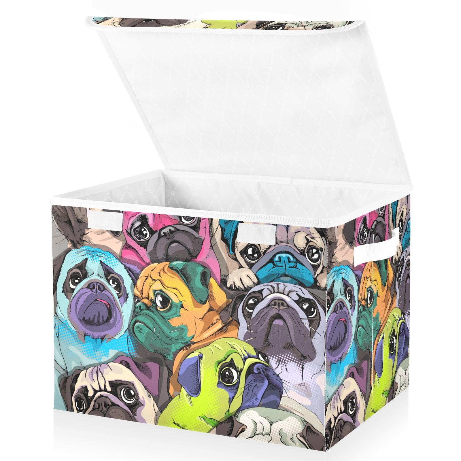 Mnsruu Storage Boxes with Lids, Portrait Of Many Colorful Pugs Large Storage Basket Organizer Shelves Cube Bin Toy Clothes Underbed