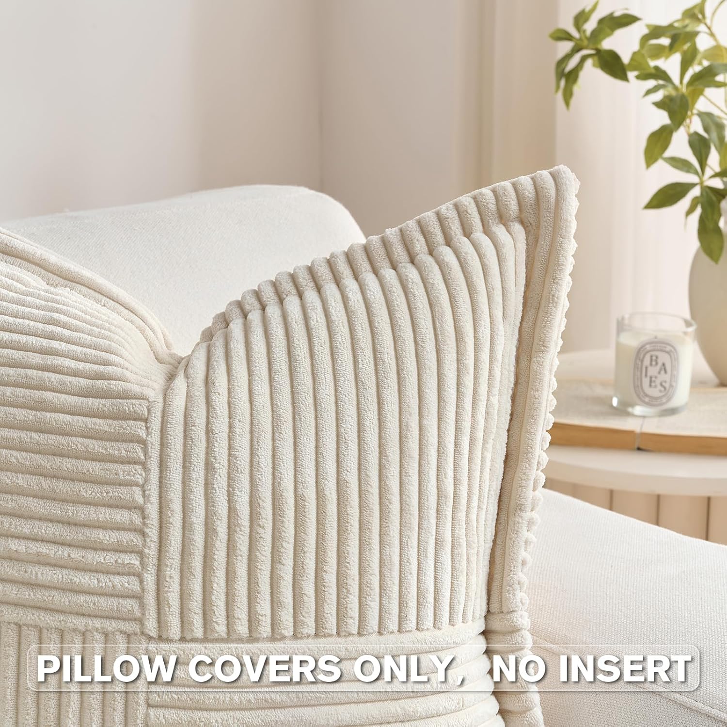 HAUSSY Beige 2 Pack 20x20 Inch Corduroy Decorative Throw Pillow Covers Boho Natural Solid Striped Cushion Cover Modern Farmhouse Home Decor for Couch Living Room Sofa Bed - Image 3