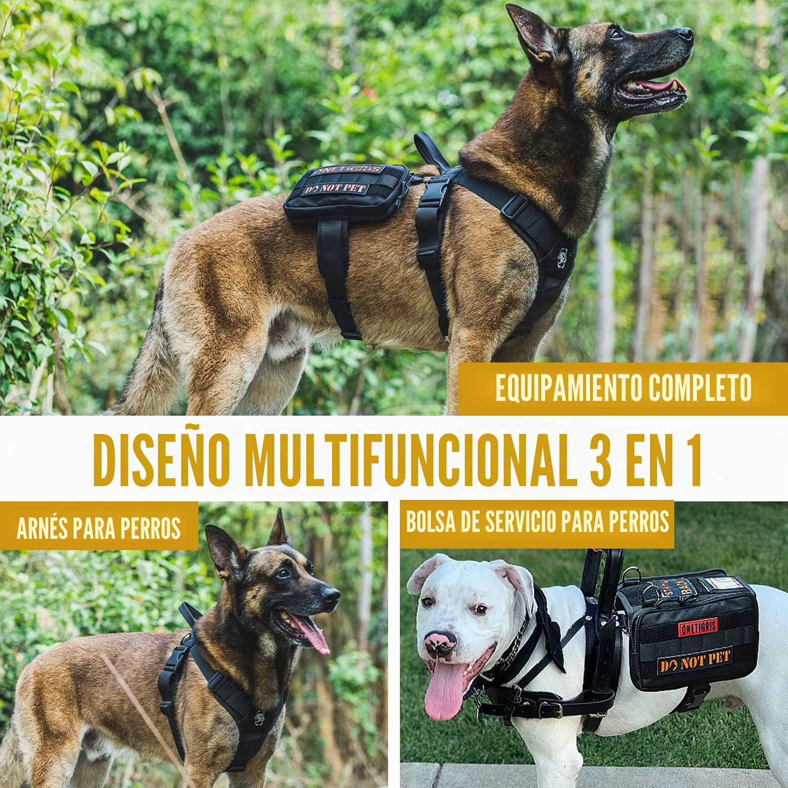 OneTigris Guardian Arnés para Perros Traje, Servicio Arnés para Perros con 3 Anillos D de Acero Inoxidable y Bolsillo de Gran Capacidad, Correa de Pecho con Cómodo Acolchado - Negro