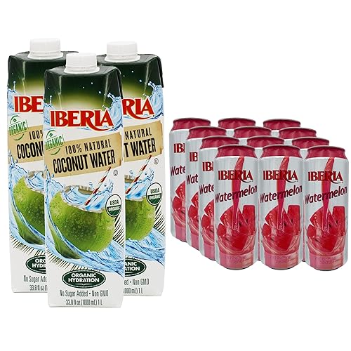 Iberia Bebida de jugo de sandía, 16.57 onzas líquidas (paquete de 12) + Iberia 100% agua de coco orgánica pura, 1 litro, 33.8 onzas líquidas