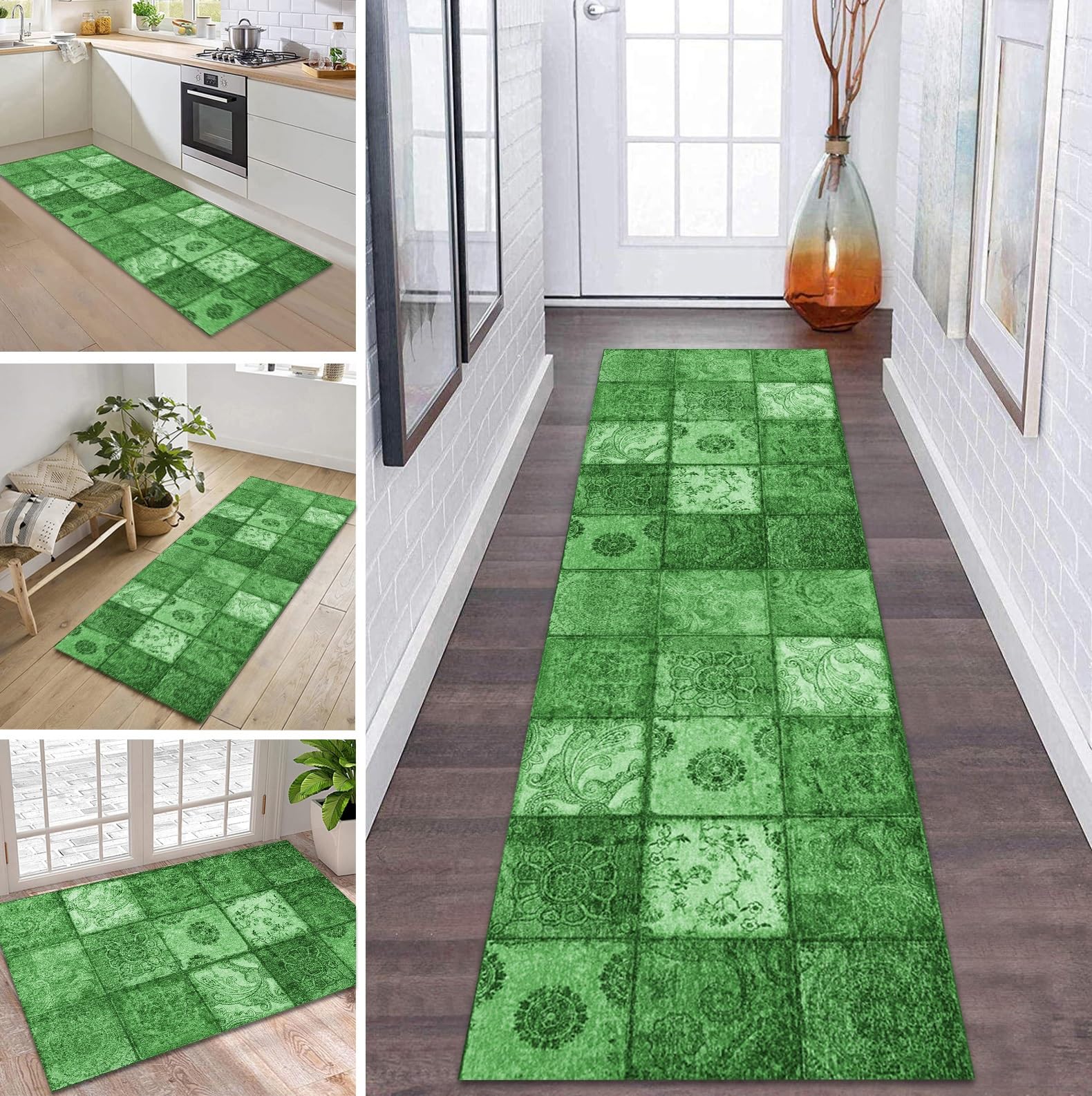 Tapis de cuisine vert 120x500 cm lavable et antidérapant sur mesure