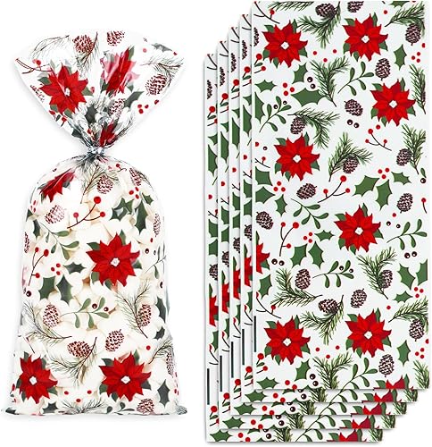 Whaline 160 bolsas de celofán de Navidad con 200 unidades de lazo torcido de bayas de acebo, bolsas de regalo de fiesta de Pascua de plástico