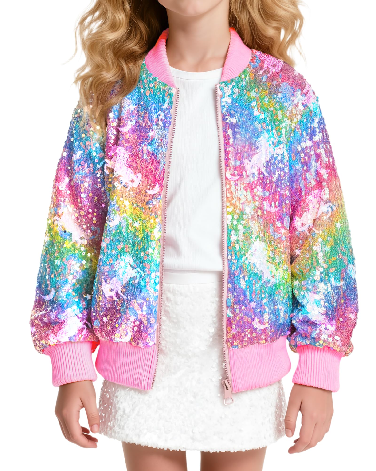 MaciRept Girls Sequin Jacket Kids Sparkle Bomber Coats Glitter Zip Up Long Sleeve Jackets Outwear with Pockets 4-9Y