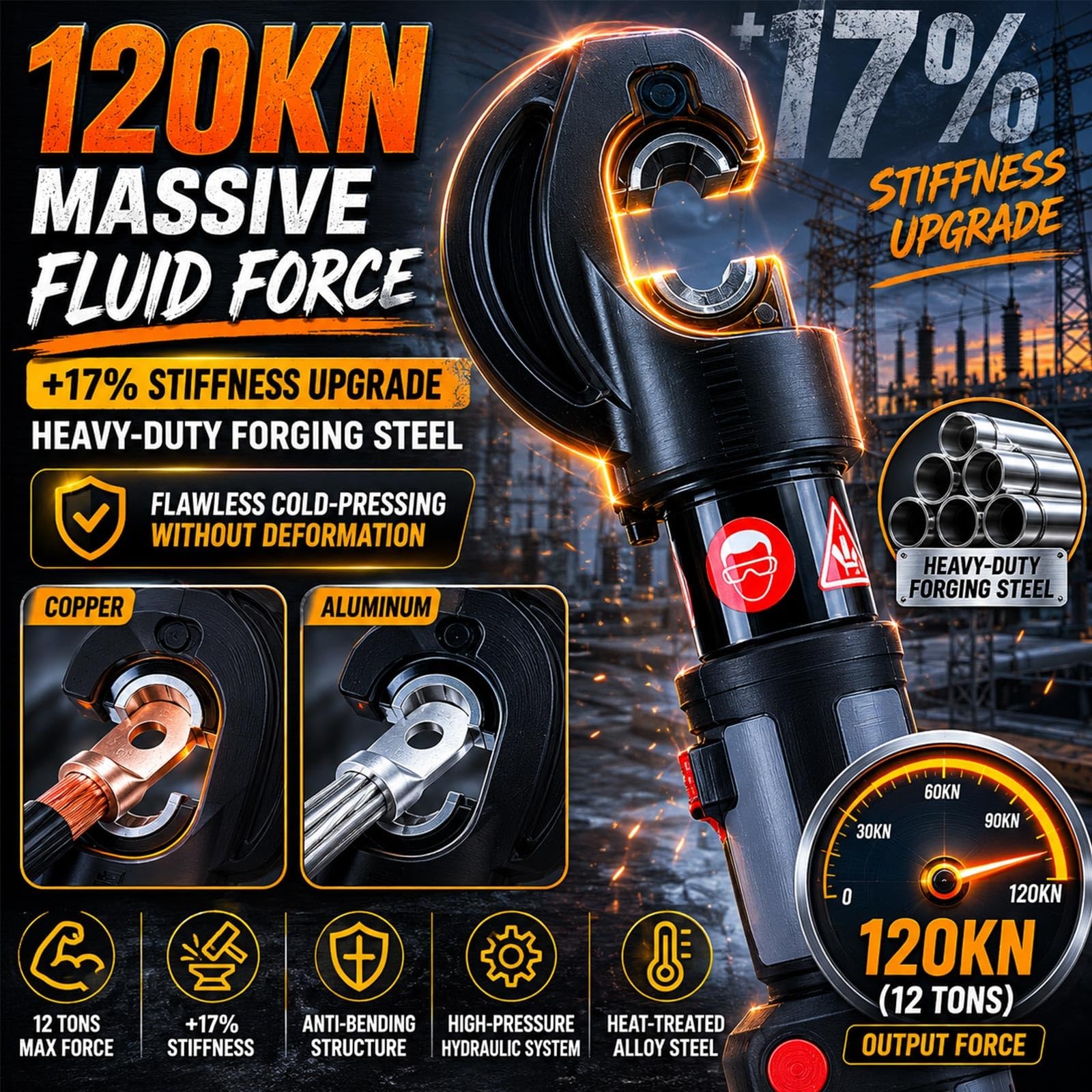 Akumulatorowa Praska Hydrauliczna do Kabli 12 Ton, Zaciskarka Elektryczna 18V Końcówek 16-400mm², Narzędzie do Rur Miedzianych z Ruchomą Głowicą i Dwoma Akumulatorami