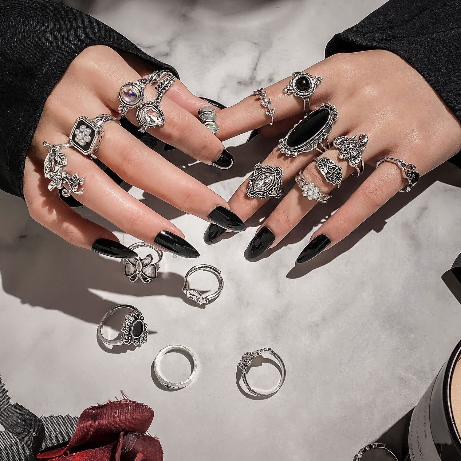 17IF Vintage Silver Knuckle Rings Set for Women Men, Chunky Rings Aesthetic Snake Grunge Stackable Gothic Ring Adjustable Y2K Punk Bulky Boho Finger Alt of Rings, Stacking Fairy Skull Frog Heart Star Flower Midi Ring Pack