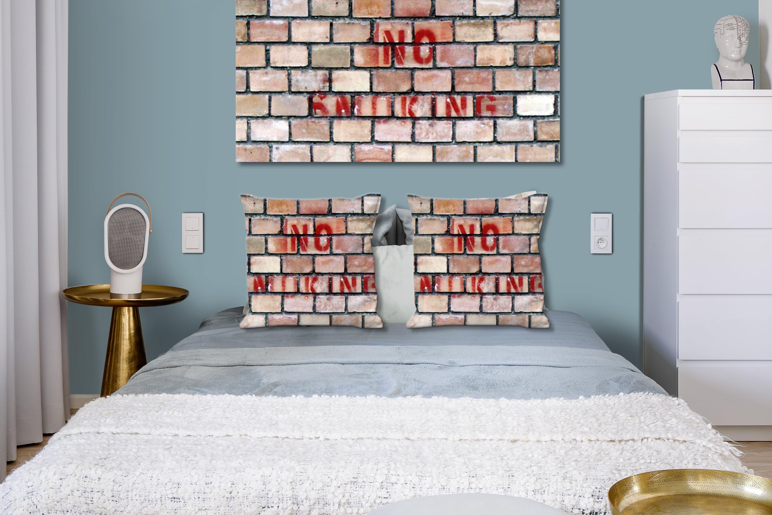 No Smoking - Foto-Kissen-Hülle Set (2 STK.) 40 x 40 cm | Kissen-Bezüge - passend zu Wandbild - Deko-Kissen - Wand Ziegel Graffiti Schrift