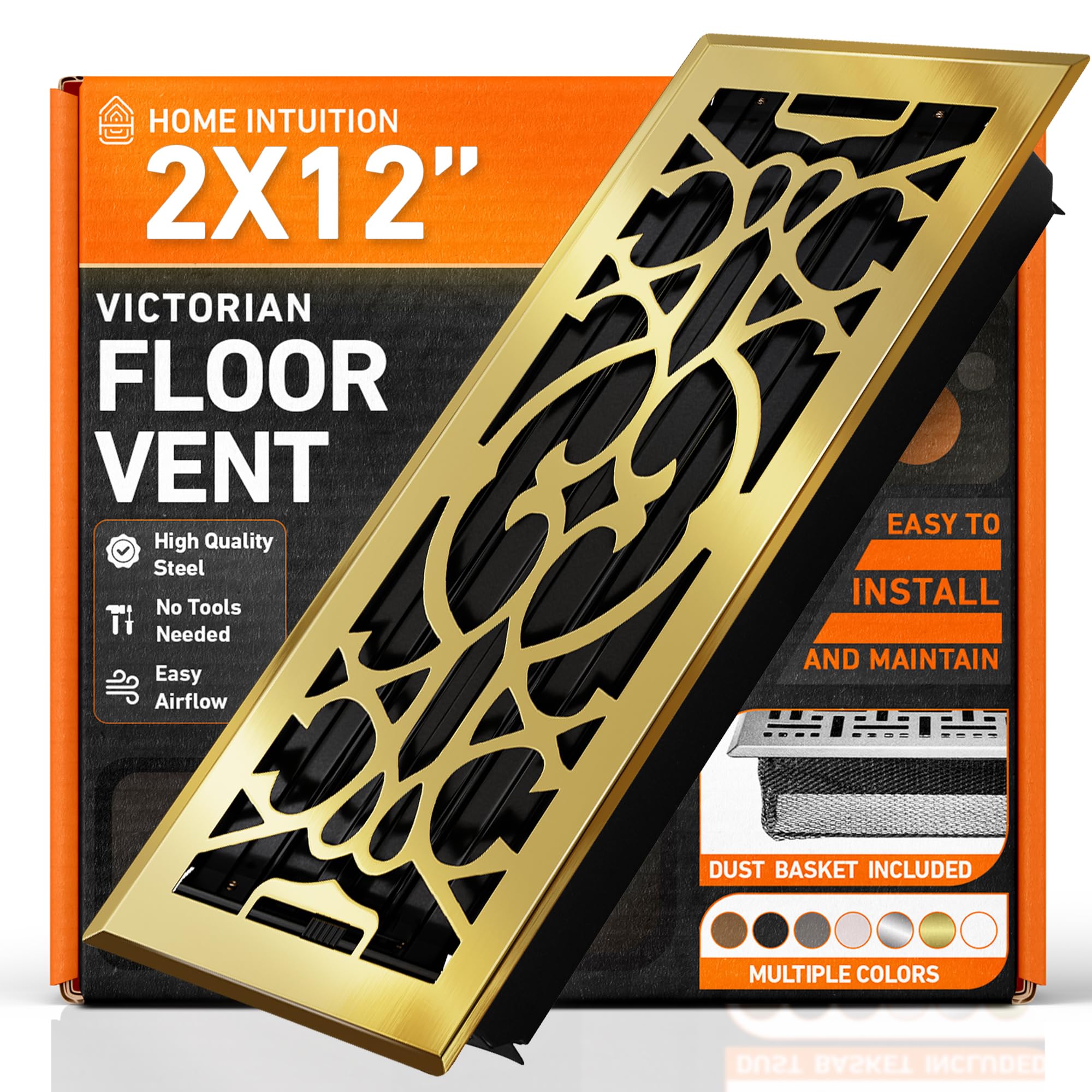Home Intuition Polished Brass 2X12 Floor Vent Covers Floor Register With Mesh Cover Trap, Heat And Air, Walkable Metal Floor Vent For Hvac Duct, Victorian,
