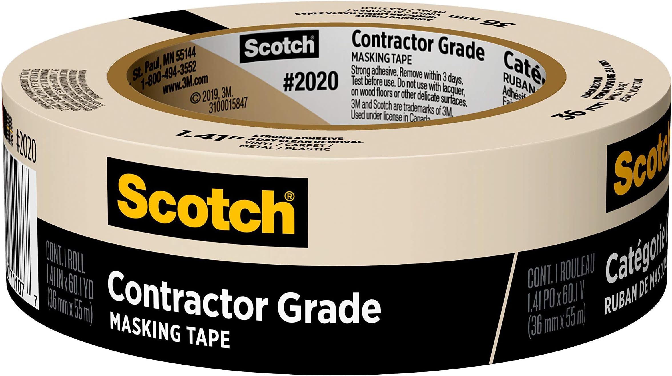 Scotch Contractor Grade Masking Tape, 1.41 inches by 60.1 yards (360 yards total), 2020, 6 Rolls