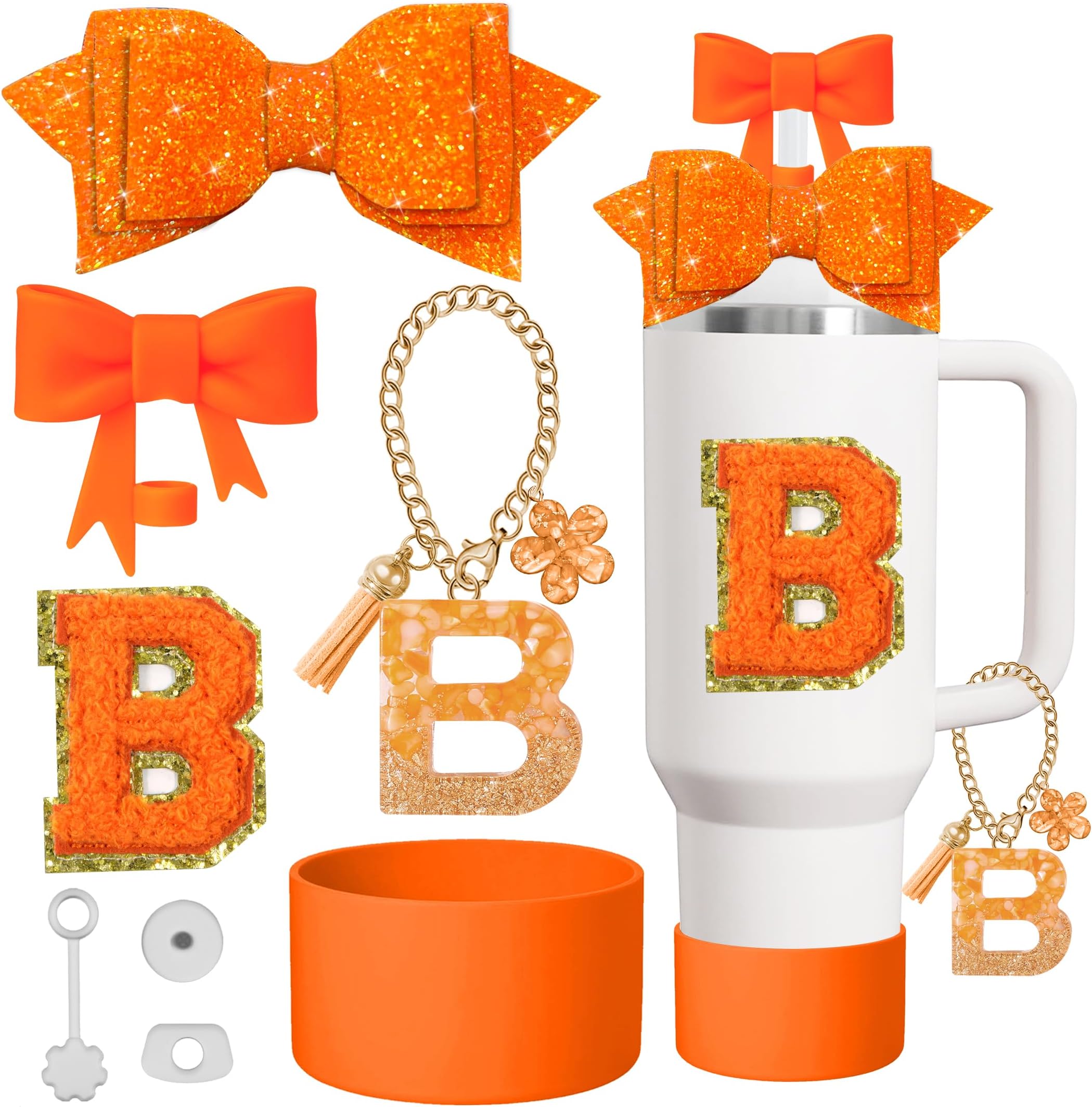 8Pcs Cup Accessories Set for stanley 30 oz 40 oz tumbler with handle, Including Straw Topper Cover Cap and Boot,Sticker,Silicone Spill Proof Stopper,Orange Decorate for Boy Girl (Orange B)