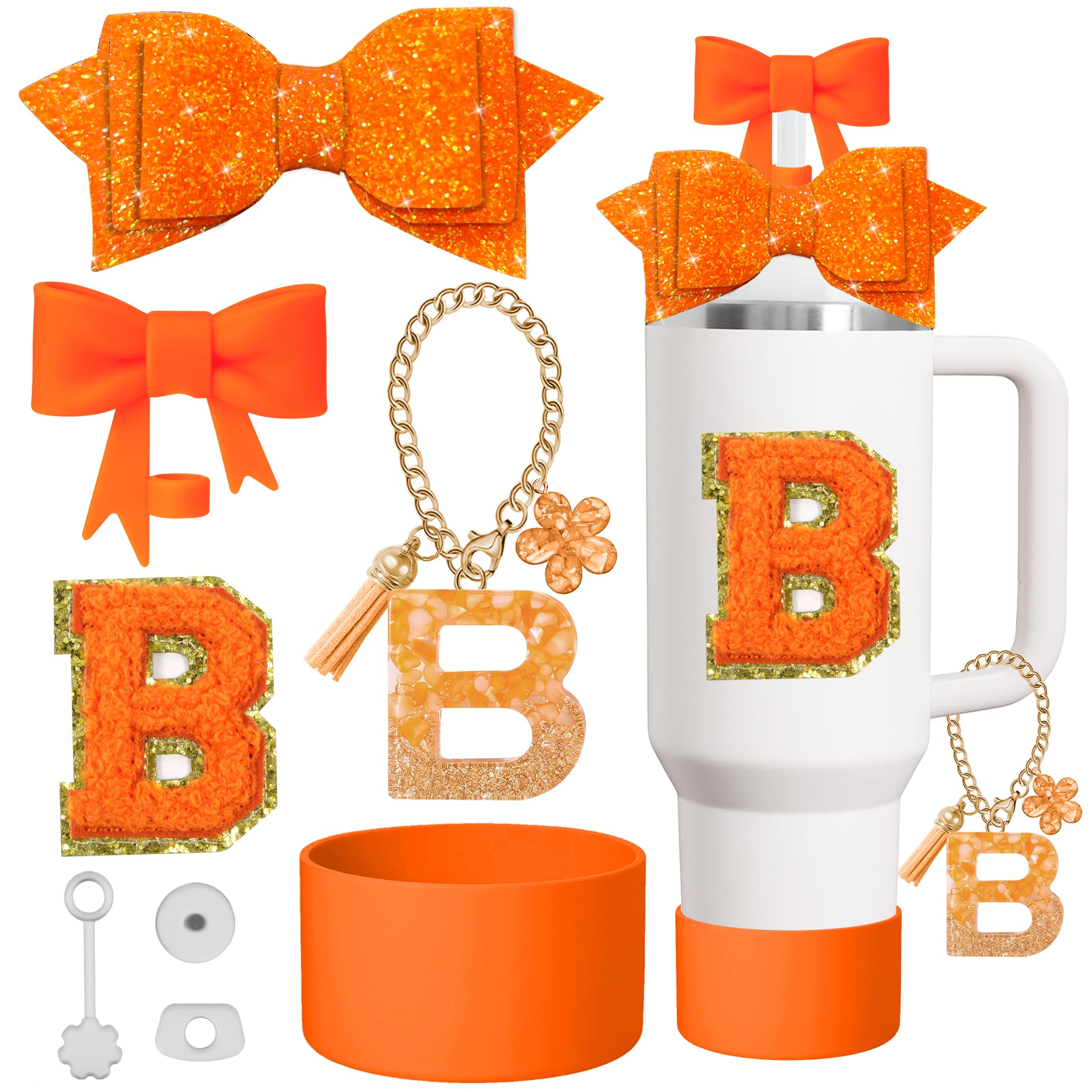 8Pcs Cup Accessories Set for stanley 30 oz 40 oz tumbler with handle, Including Straw Topper Cover Cap and Boot,Sticker,Silicone Spill Proof Stopper,Orange Decorate for Boy Girl (Orange B)