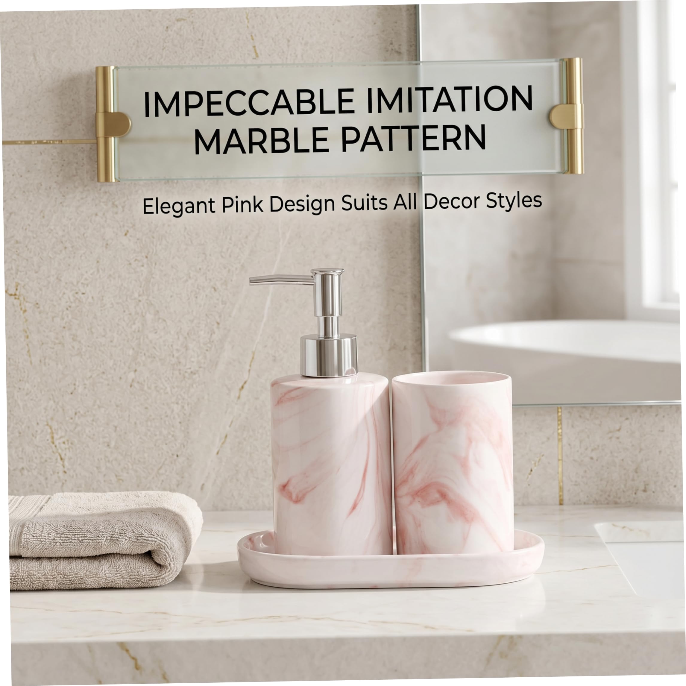 Set 3 Pezzi Porta Sapone e spazzolino da Denti - Set da Bagno in Marmo ceramico di Lusso Nordico, Bicchiere per spazzolino da Denti e portasapone