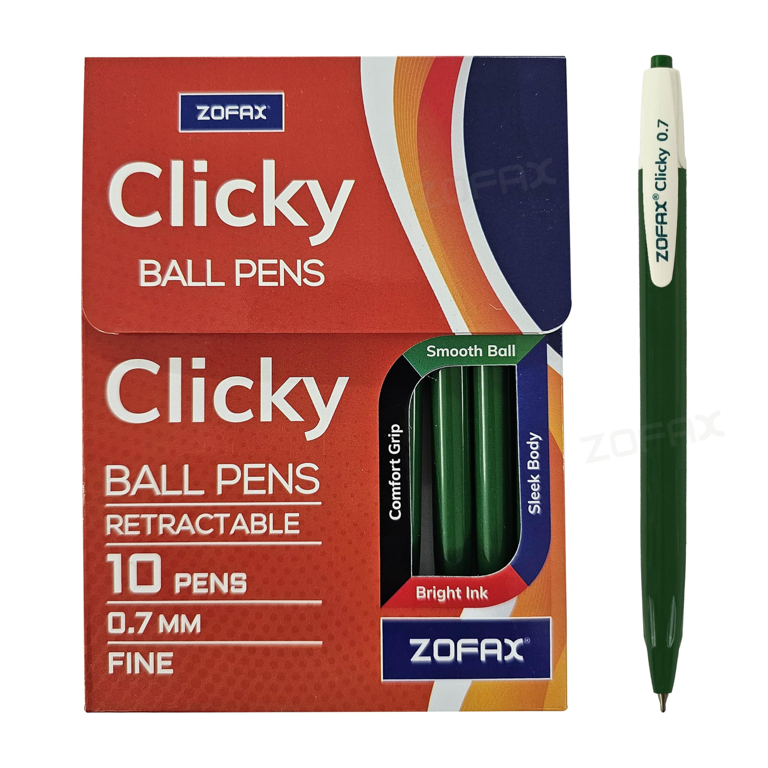 ZOFAX Clicky Retractable Ballpoint Pens, GREEN, Fine Point (0.7mm), Pack of 20, Smooth Ball Pens, Comfort Grip, Bulk Pack, Perfect for School Office Home Business Hospital Everyday Use
