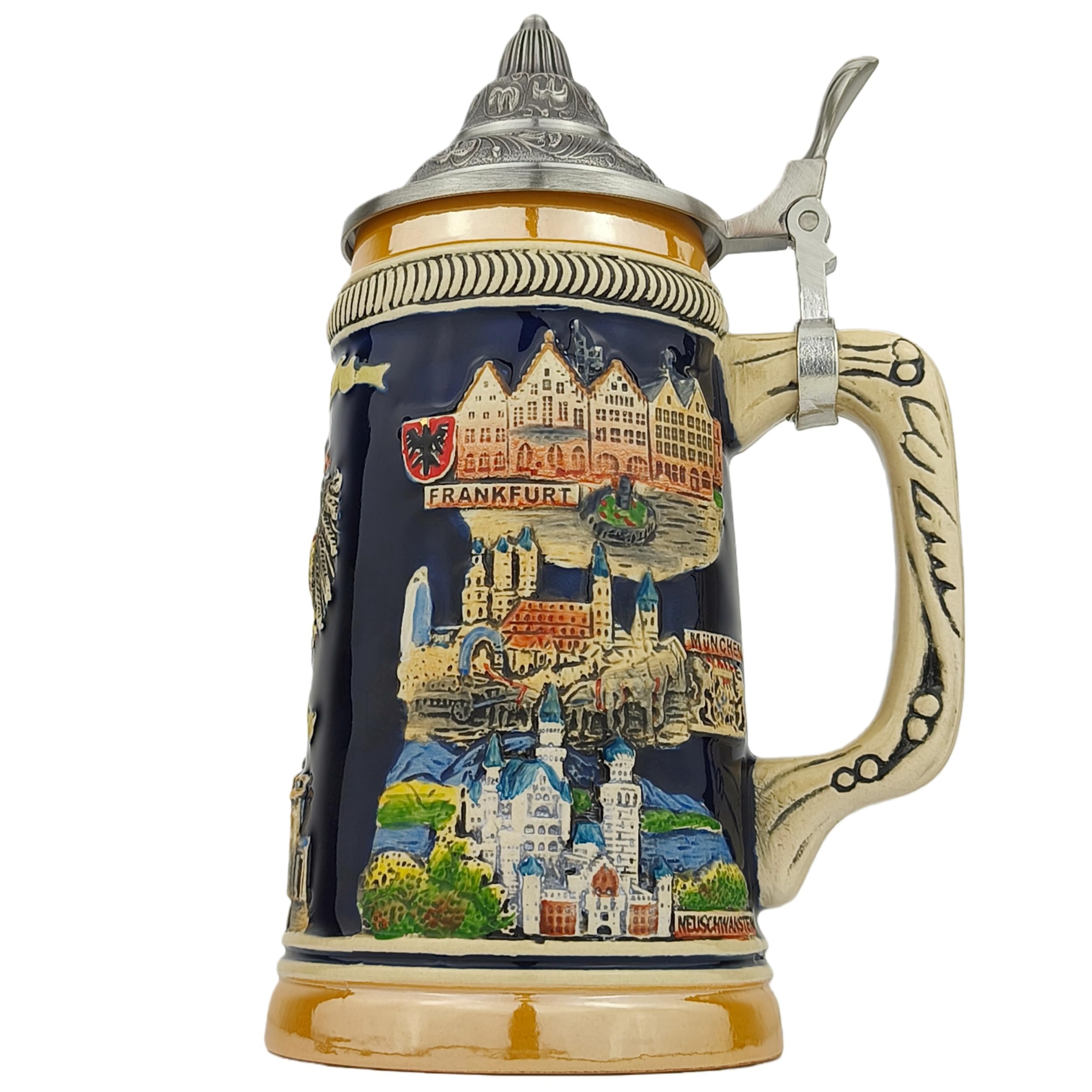 EVERSYTLE Boccale da birra con coperchio, 0,7 l, tradizionale brocca in pietra con coperchio a punta, motivo Germania, boccale da birra per casa, decorazione e collezione, regalo per uomini, papà e
