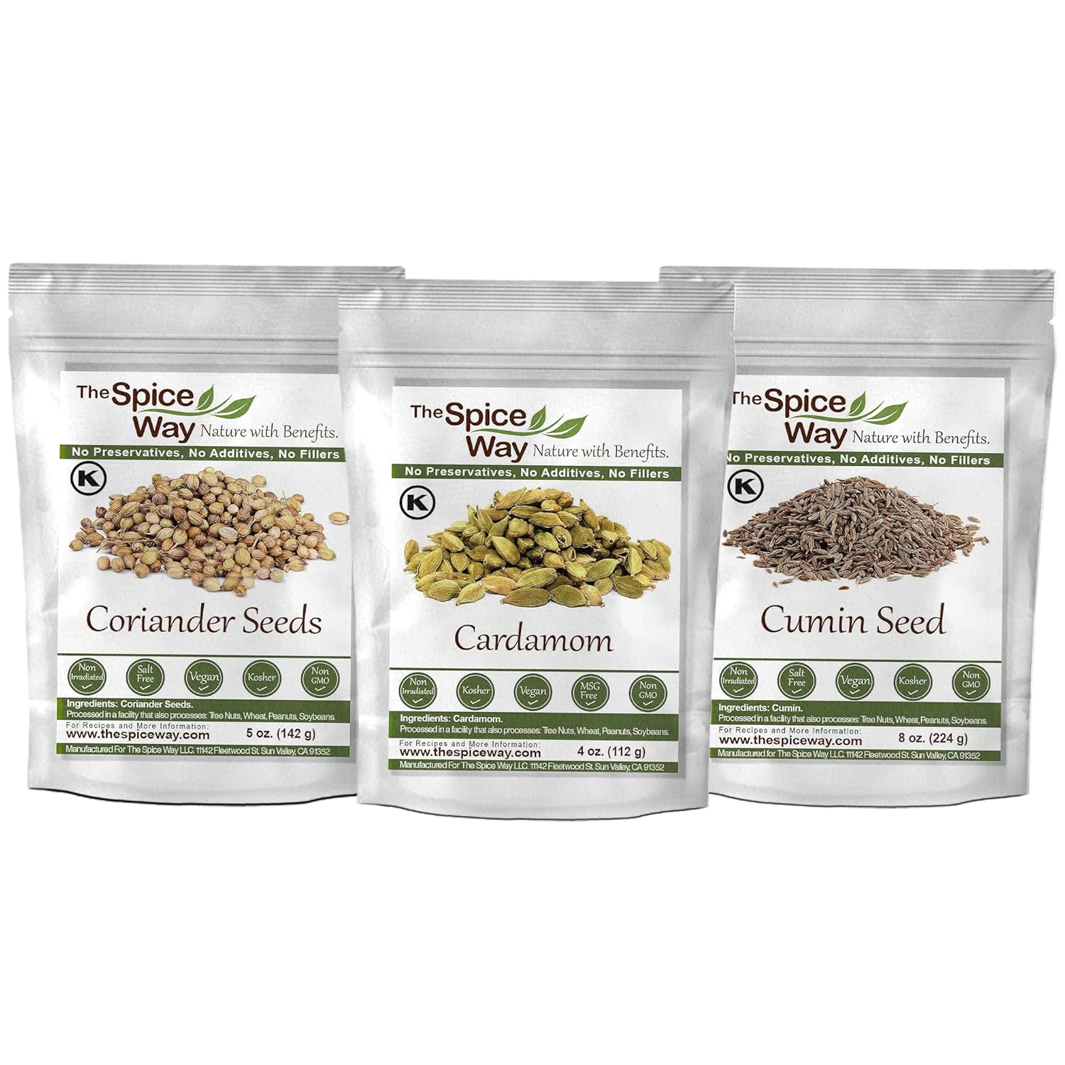 The Spice Way Coriander Seeds 5 oz, Cardamom Pods 4 oz and Cumin Seeds 8 oz