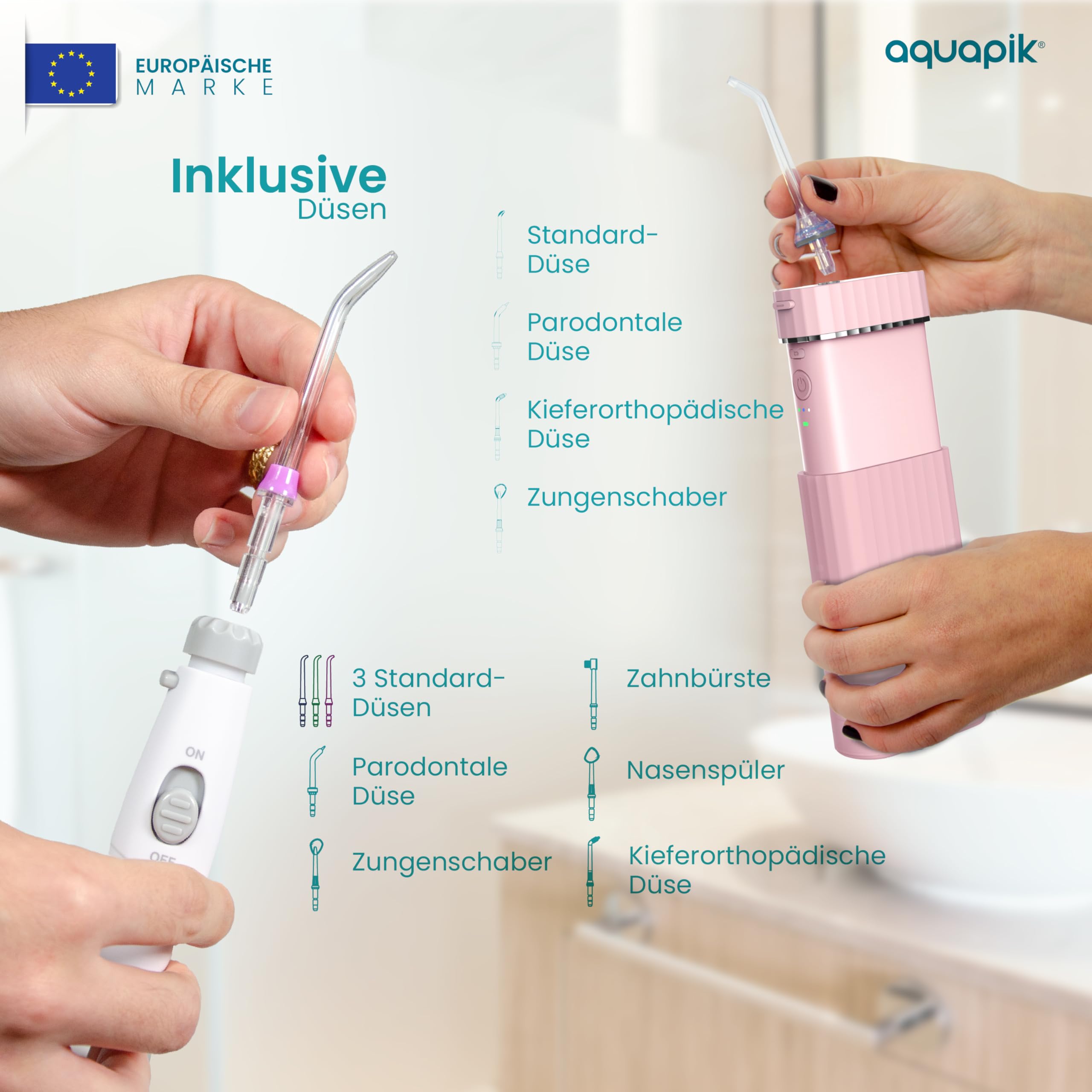 Aquapik® DUO Munddusche Aquapik® 100 Desktop + Aquapik® Mini, tragbar, von Zahnärzten empfohlen + Plaque-Entferner + pflegt Implantate und Kieferorthopädie, tiefe Mundhygiene (b. Weiß - Rosa)