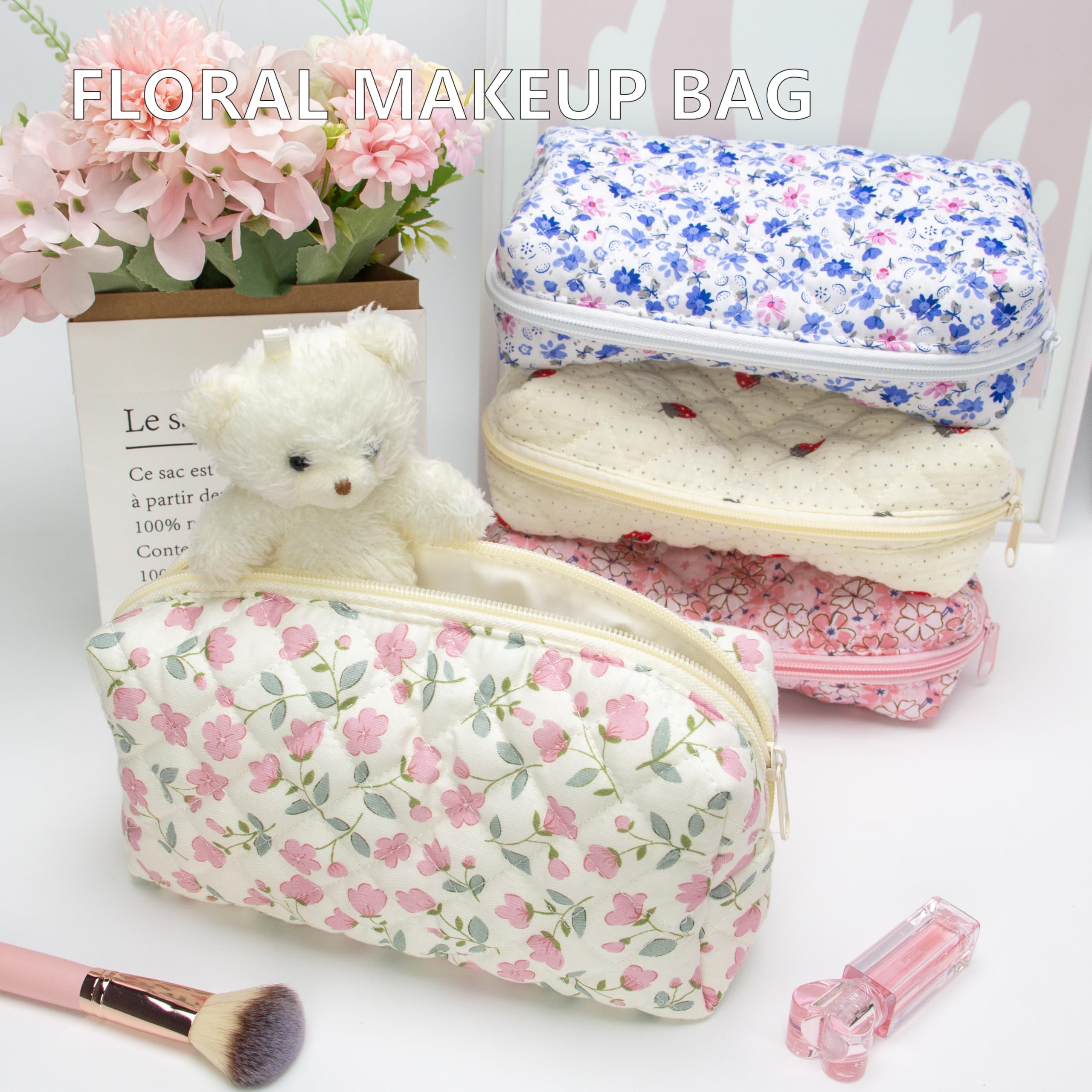 PAZIMIIK Gesteppte Make-up-Tasche im Vintage-Stil, Kosmetiktasche für Pinsel, Bleistifte und Reise-Make-Up-Zubehör für Damen und Mädchen, Blume weiß, 6PCS, Vintage