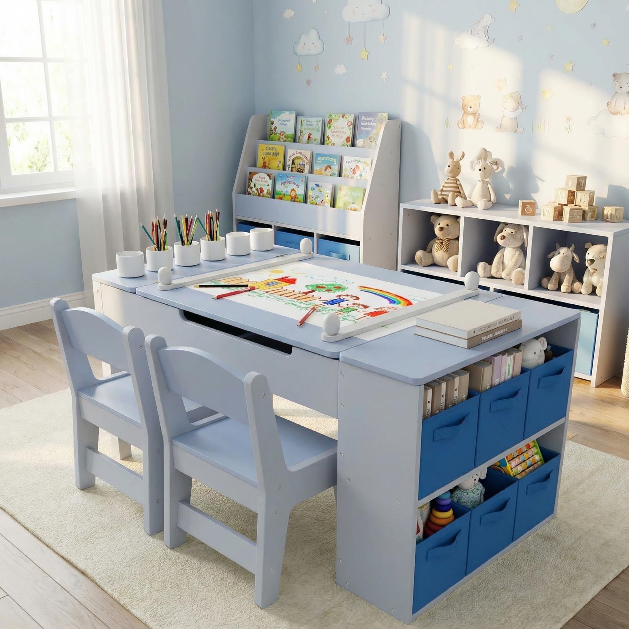 Clevich Kindertisch mit 2 Stühlen, Tisch-Stuhl Set Holz, Kindersitzgruppe mit Stauraum, Maltisch mit Papierrolle, Mal und Basteltisch für ab 3 Jahre (Blau)
