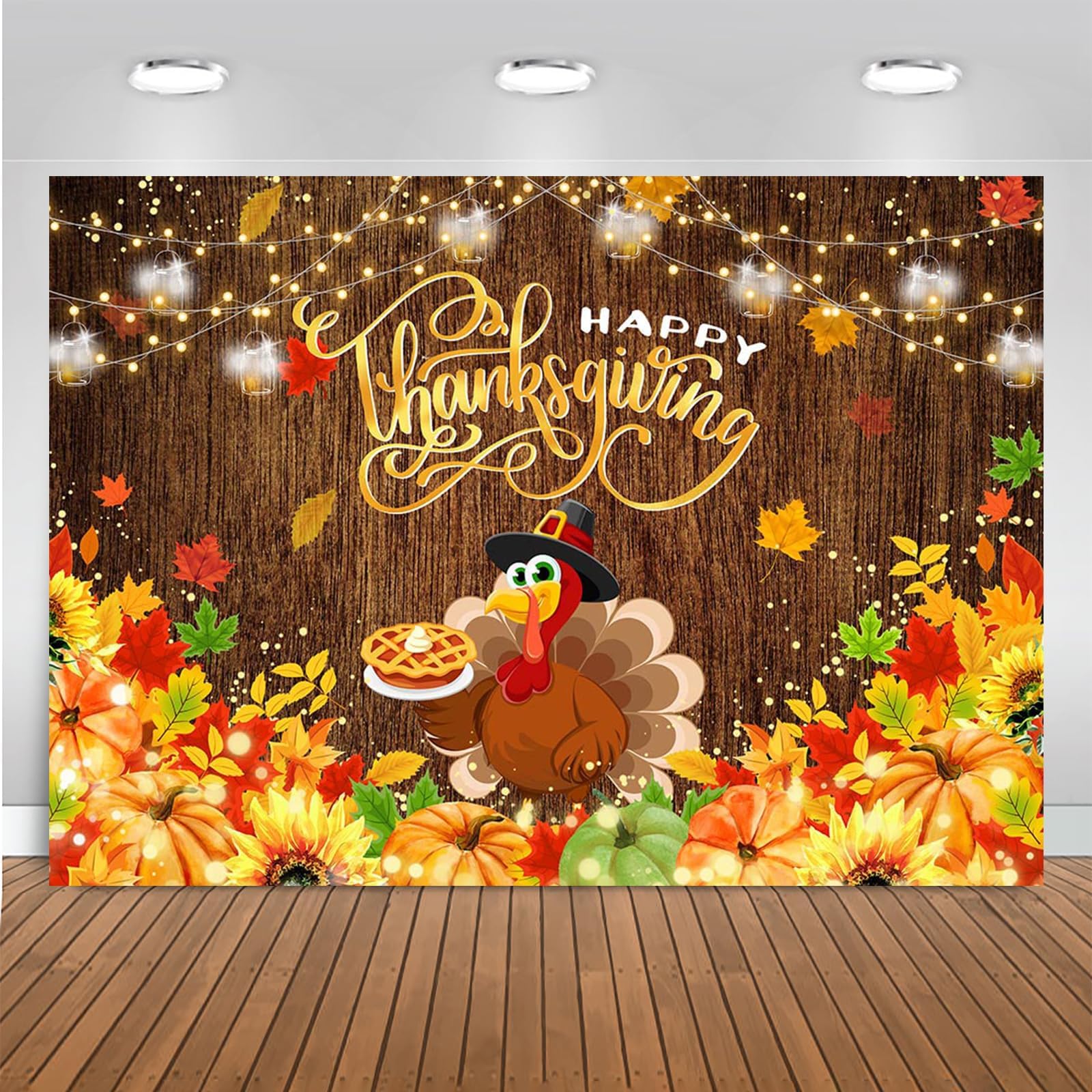Mocsicka Happy Thanksgiving Backdrop Fall Harvest Thanksgiving Day Party Banner Fall Wooden Maple Leaves Pumpkin Turkey Give Thanks Party Decoration (