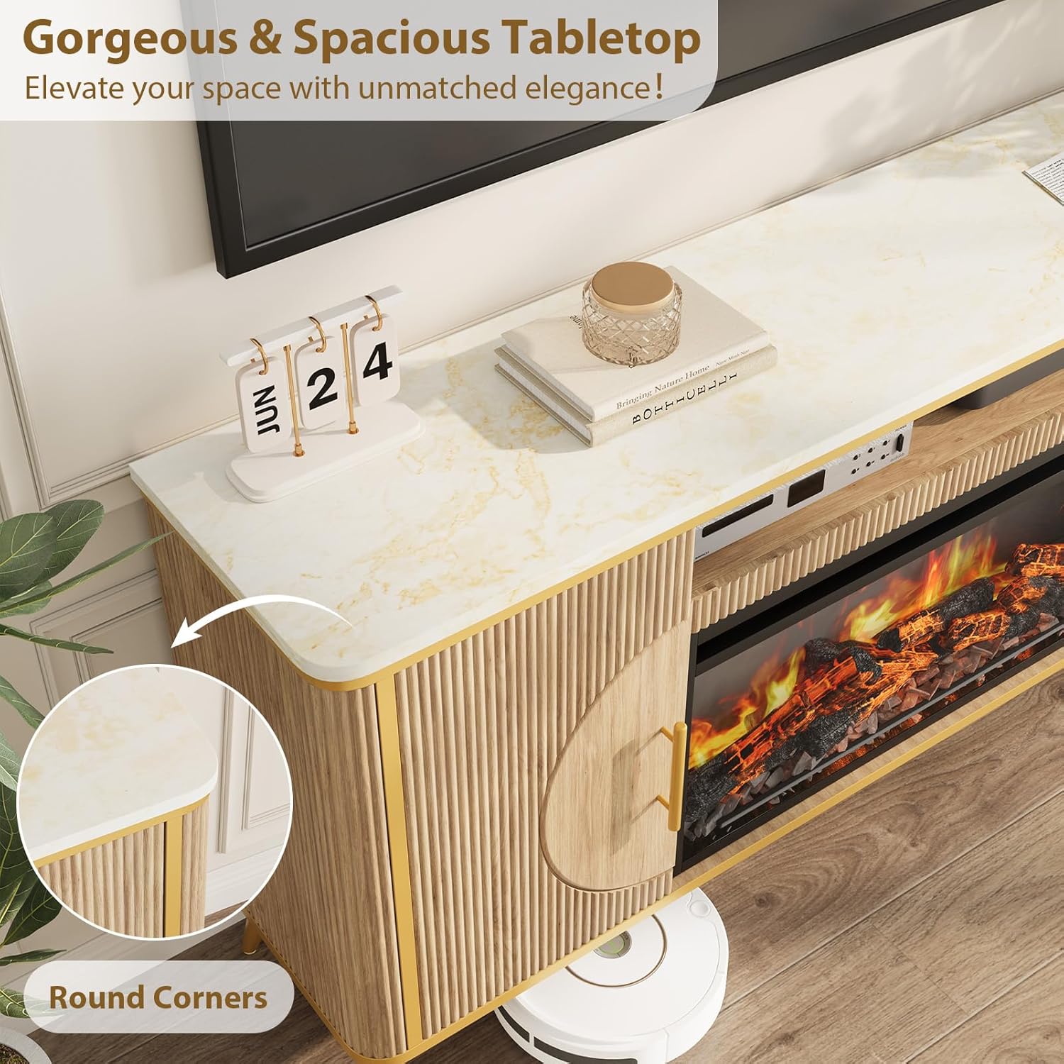 Fluted Fireplace TV Stand Up to 80" TVs, Modern Entertainment Center with 30" Electric Fireplace, Luxury Media Console with Adjustable Shelves for Living Room, Nature Oak