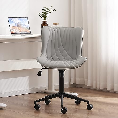 YOUTASTE Office Chair Modern Armless Desk Chair, Height Adjustable Swivel Rocking Computer Task Chair, Faux Leather Sewing Chair with Wheels, Stylish Lounge Vanity Chair,Grey