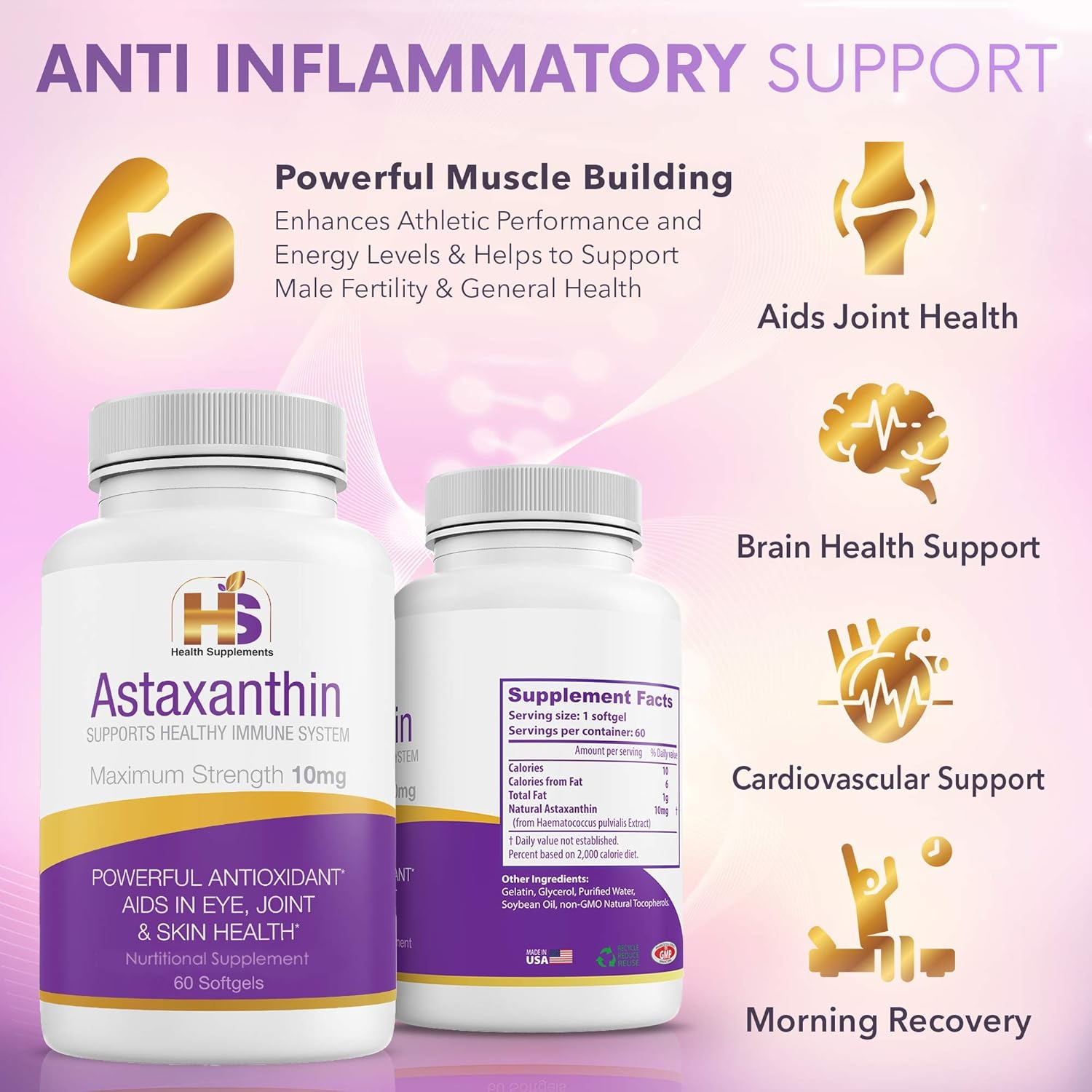 Astaxanthin 10 mg, Powerful Antioxidant, AntiInflammatory Supplement