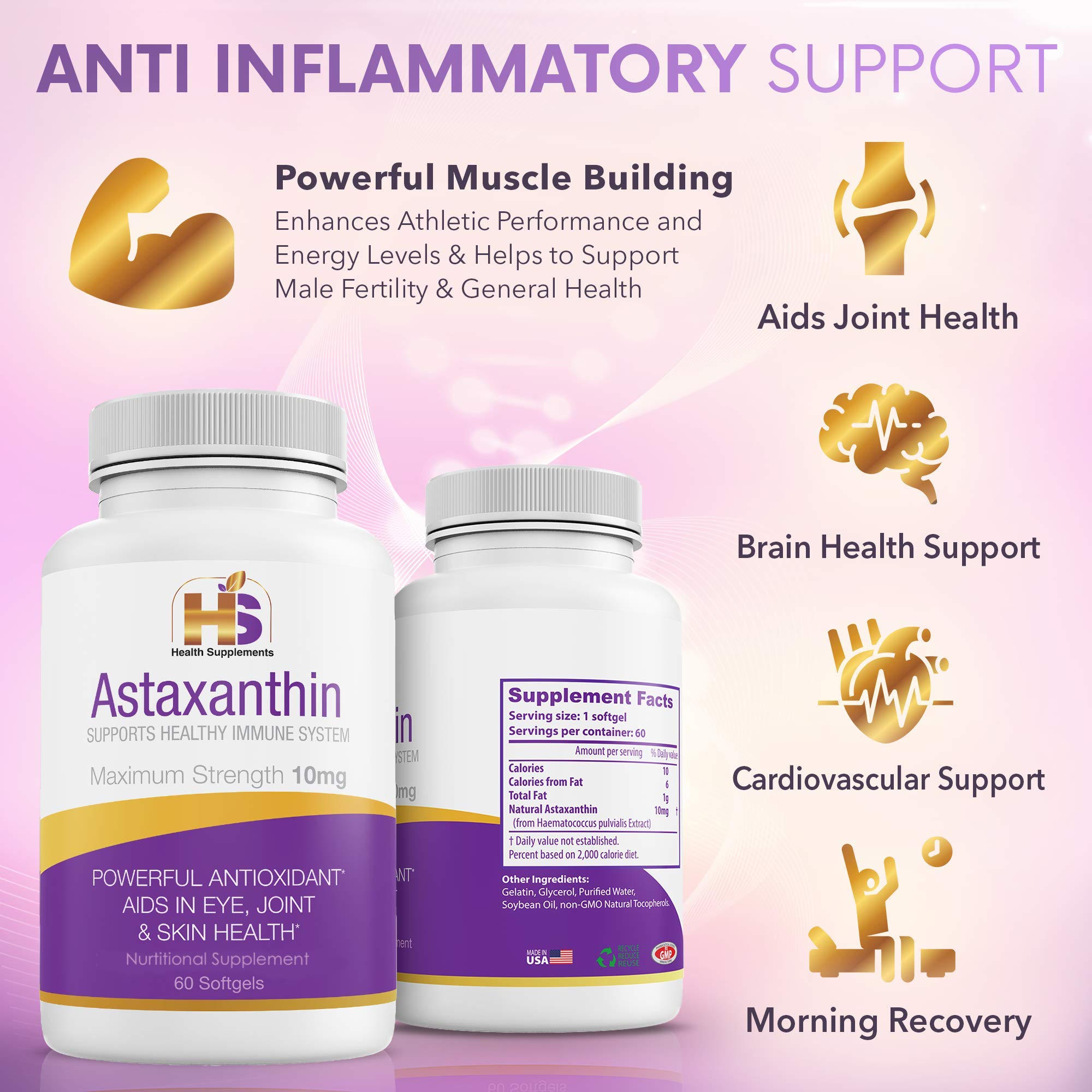 Astaxanthine 10 mg, Puissant Antioxydant, Supplément nti-Inflammatoire des Algues Marines Rouges. Un Supplément Pour Stimuler Votre Système Immunitaire
