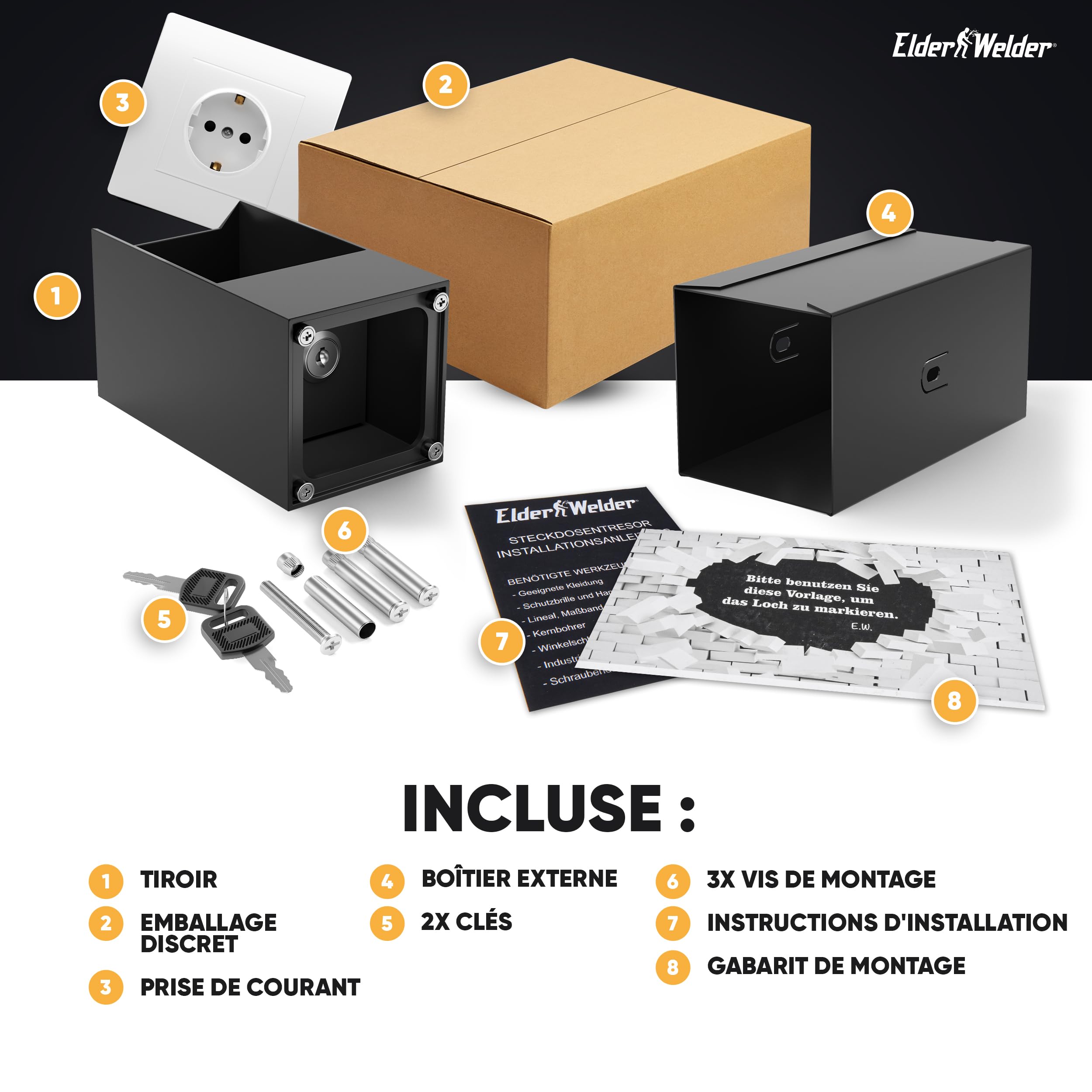 Elder Welder® Coffre Fort Compatible avec n'importe quelle simple prise | Prise Simple Schuko Authentique Incluse, Petit Coffre Fort Discret avec Cle, Mini Coffre Secret