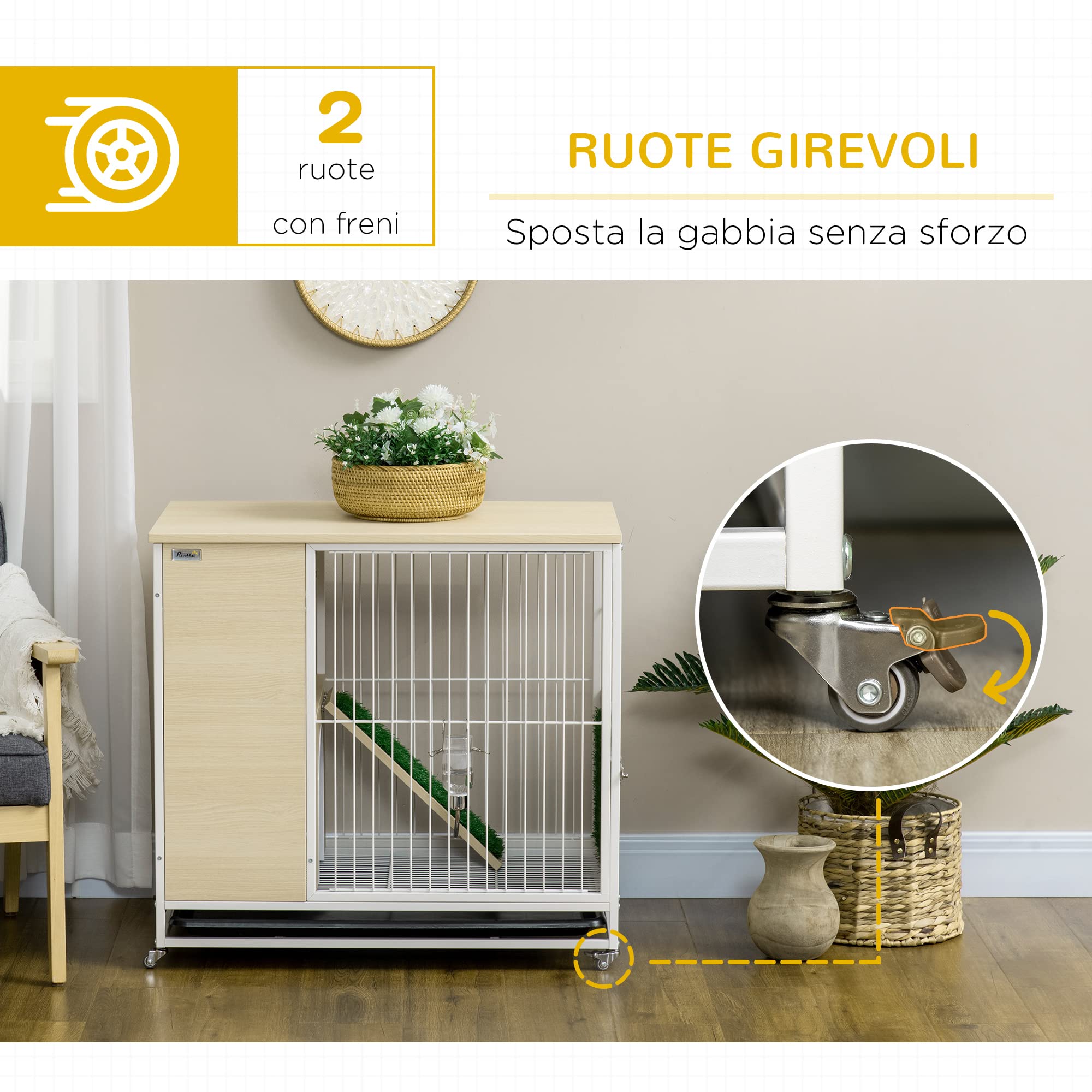 PawHut Gabbia per Conigli Serbatoio d'Acqua Color Rovere 78x52.5x76.5 cm | Vassoio Estraibile, Tavolino da Salotto, in Truciolato Acciaio e PVC