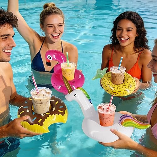 Miniatura 6 de Zcaukya Paquete de 12 soportes inflables flotantes para beber, flotadores de bebidas inflables para fiestas en la piscina