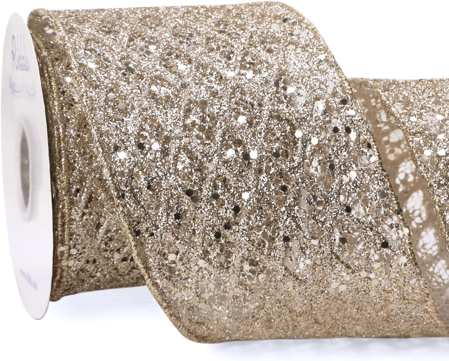 Ribbli Gold Glitter Wired Ribbon for Christmas Tree Diamond Sparkling 4 Inch x 10 Yard Christmas Wired Ribbon for Crafts Wreath Garland Supplies