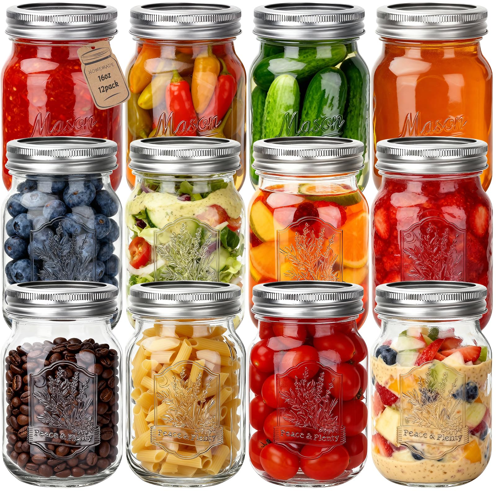 HYCKee 480ml 12 Pack Mason Glass Jars with Airtight Lids and Bands, Embossed Design Canning Jars, Regular Mouth Glass Jars for Pickling, Meal Prep, Freezing, Fermenting, Preserving, Jar Décor