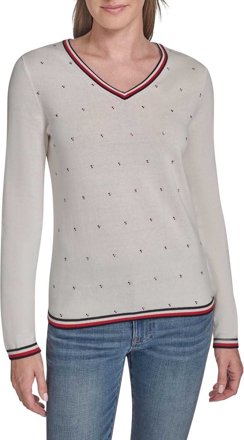 Tommy Hilfiger Womens Long Sleeve V-Neck Hotfix Pullover Sweater