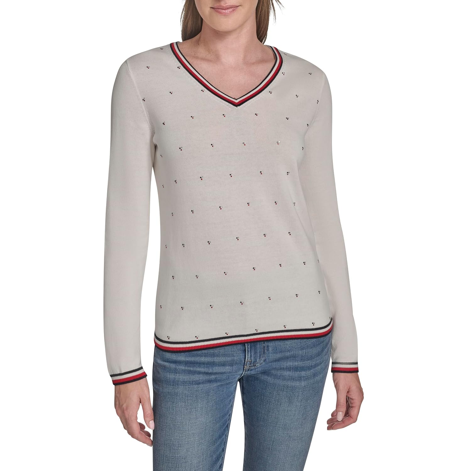 Tommy Hilfiger Womens Long Sleeve V-Neck Hotfix Pullover Sweater