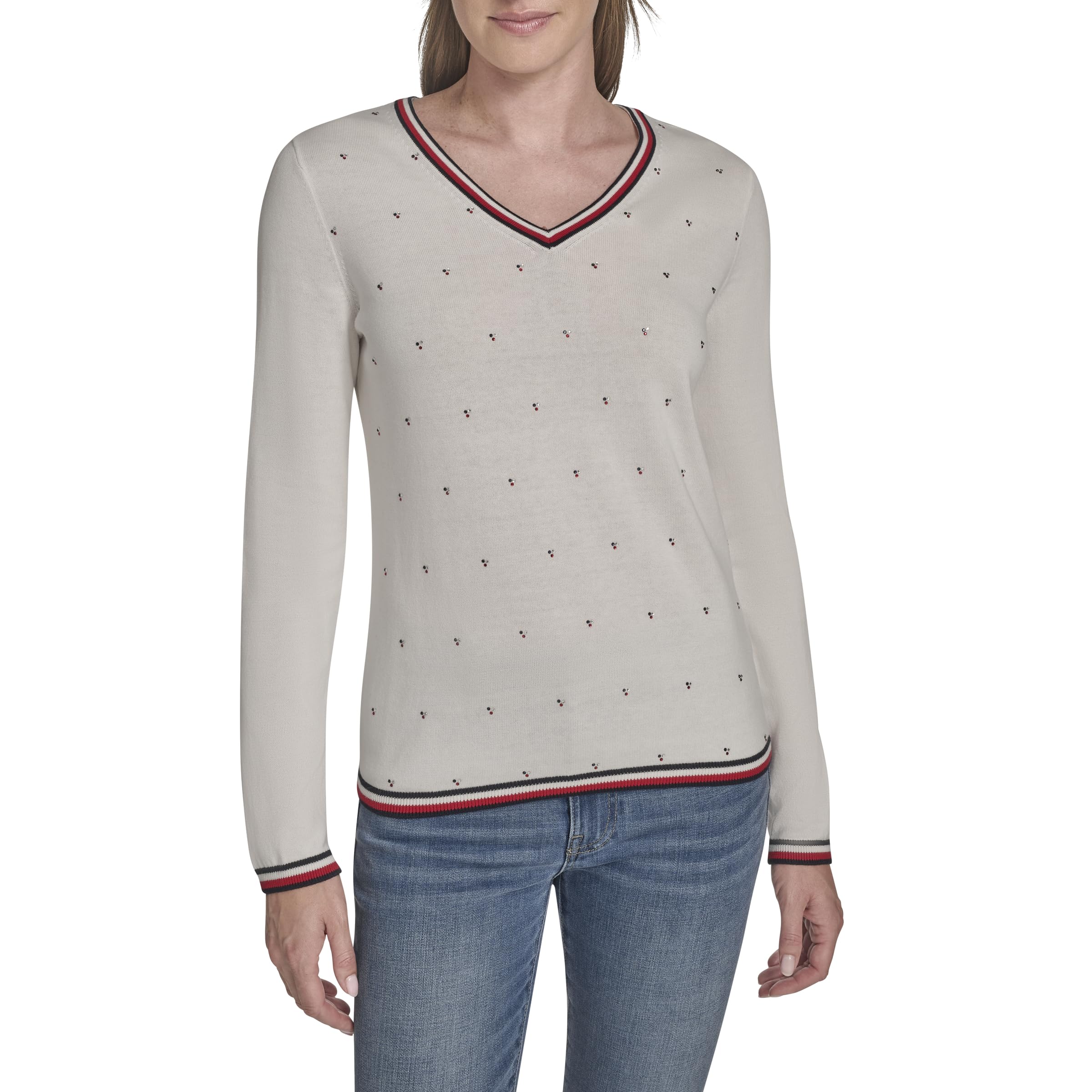 Tommy Hilfiger Womens Long Sleeve V-Neck Hotfix Pullover Sweater