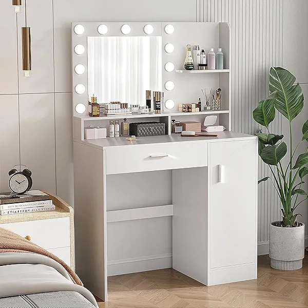 Vanity Desk with Mirror & Lights, White Makeup Desk with Drawers & Cabinet, 3 Lighting Modes & 10 Brightness, Vanity for Bedroom & Dressing Room