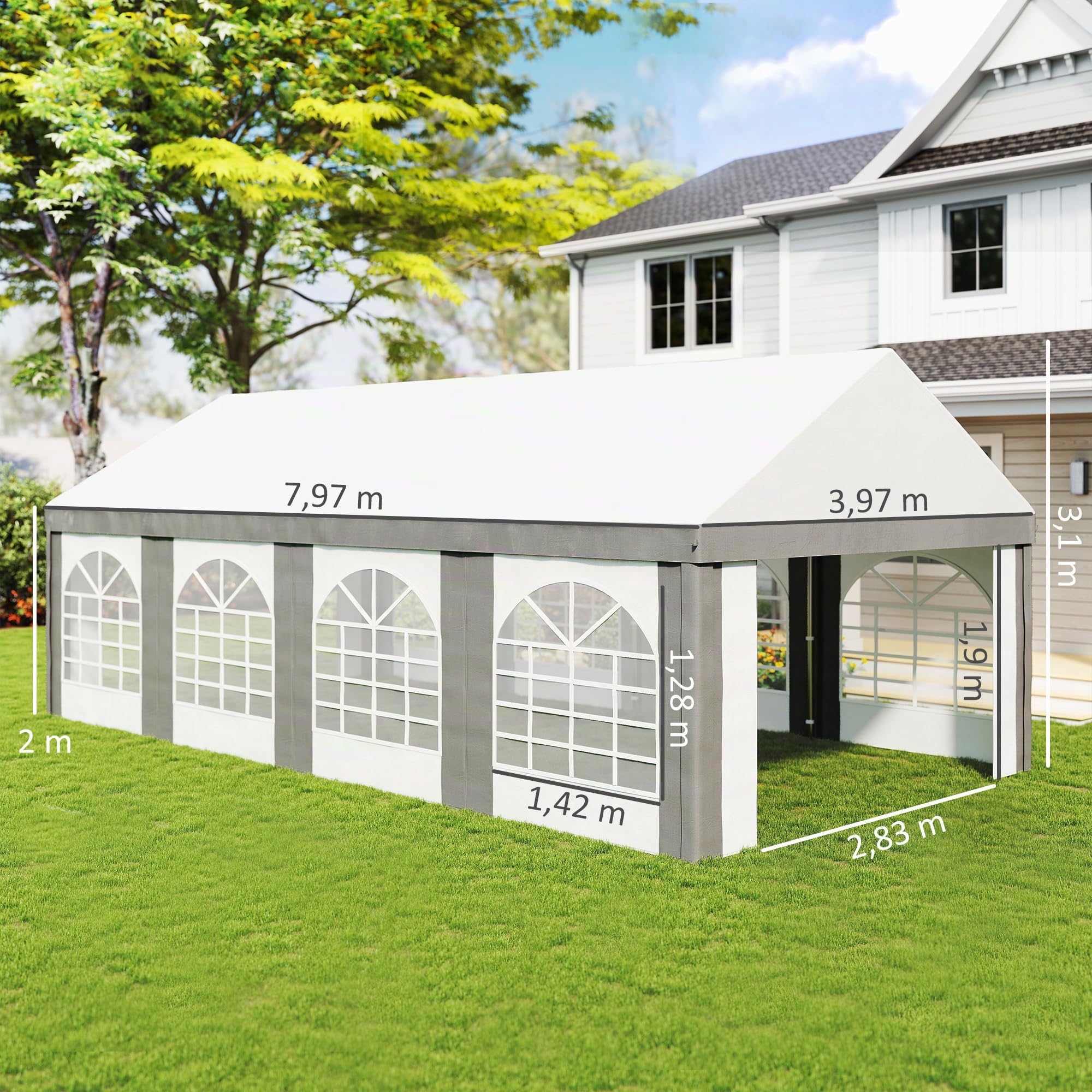 Outsunny Carpa para Fiesta 4x8 m Carpa de Jardín Anti-UV Gris y Blanco | Paredes Laterales Extraíbles, Puertas y Ventanas, Impermeable, Cenador Gazabo, Boda Camping Eventos Exterior
