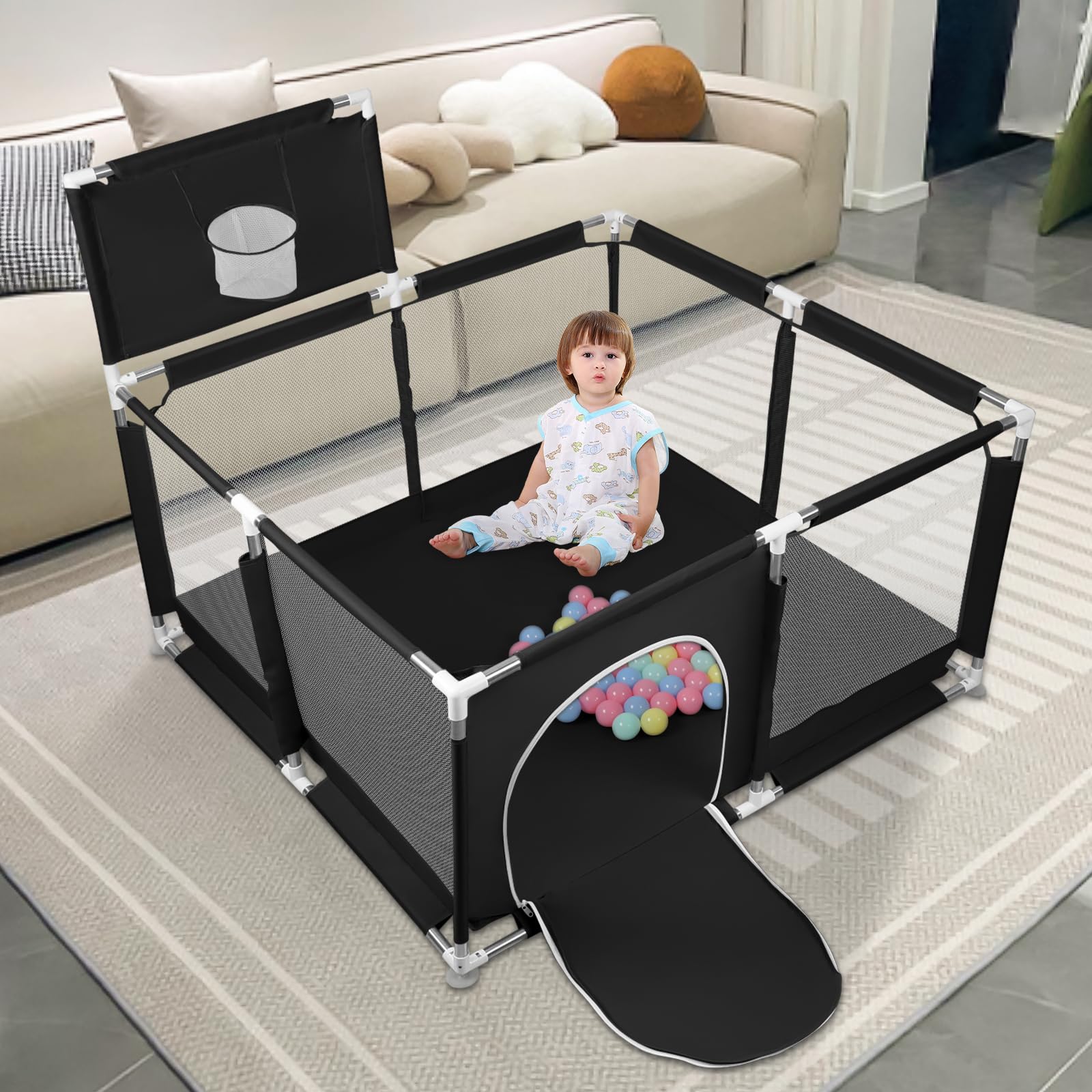Parc Bébé,Modulable 126x126cm,50 Balles,Pliable pour Enfants 0-24 Mois,Aire de Jeu Sécurisée Maison, Tapis Anti-Dérapant Intérieur,Centre d'Activités pour Enfants,Basketball Rack