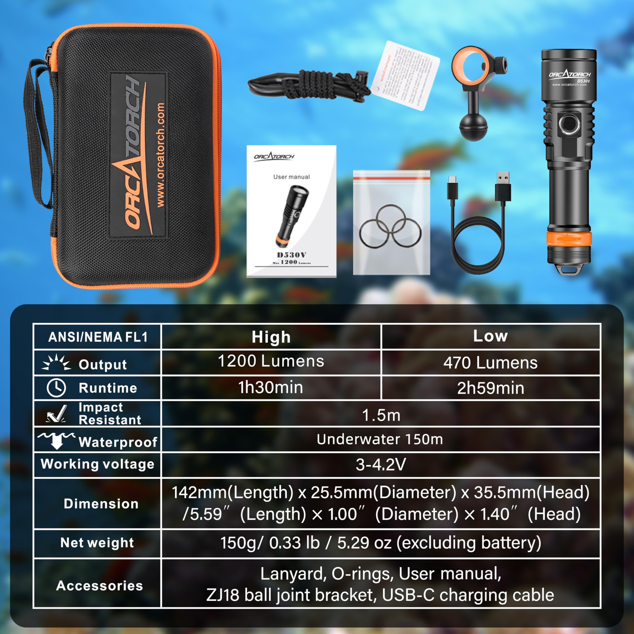 ORCATORCH D530V Lampes de Plongée Rechargeable, 1200 Lumen Lampe Vidéo de Plongée Sous Marine 140 Degrés Super Grand Angle de Faisceau, 150 Mètres Sous l'eau Avec Fonction de Verrouillage de Sécurité