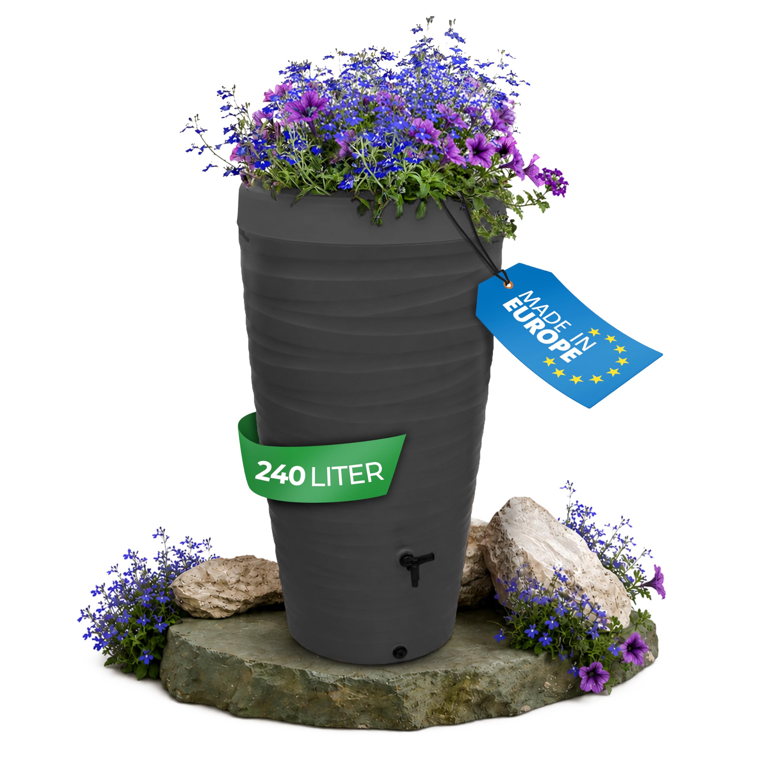 YourCasa Regentonne 240 Liter [Wave Design] Regenfass Frostsicher aus Kunststoff - Regenwassertonne mit Wasserhahn - Regenwassertank Garten