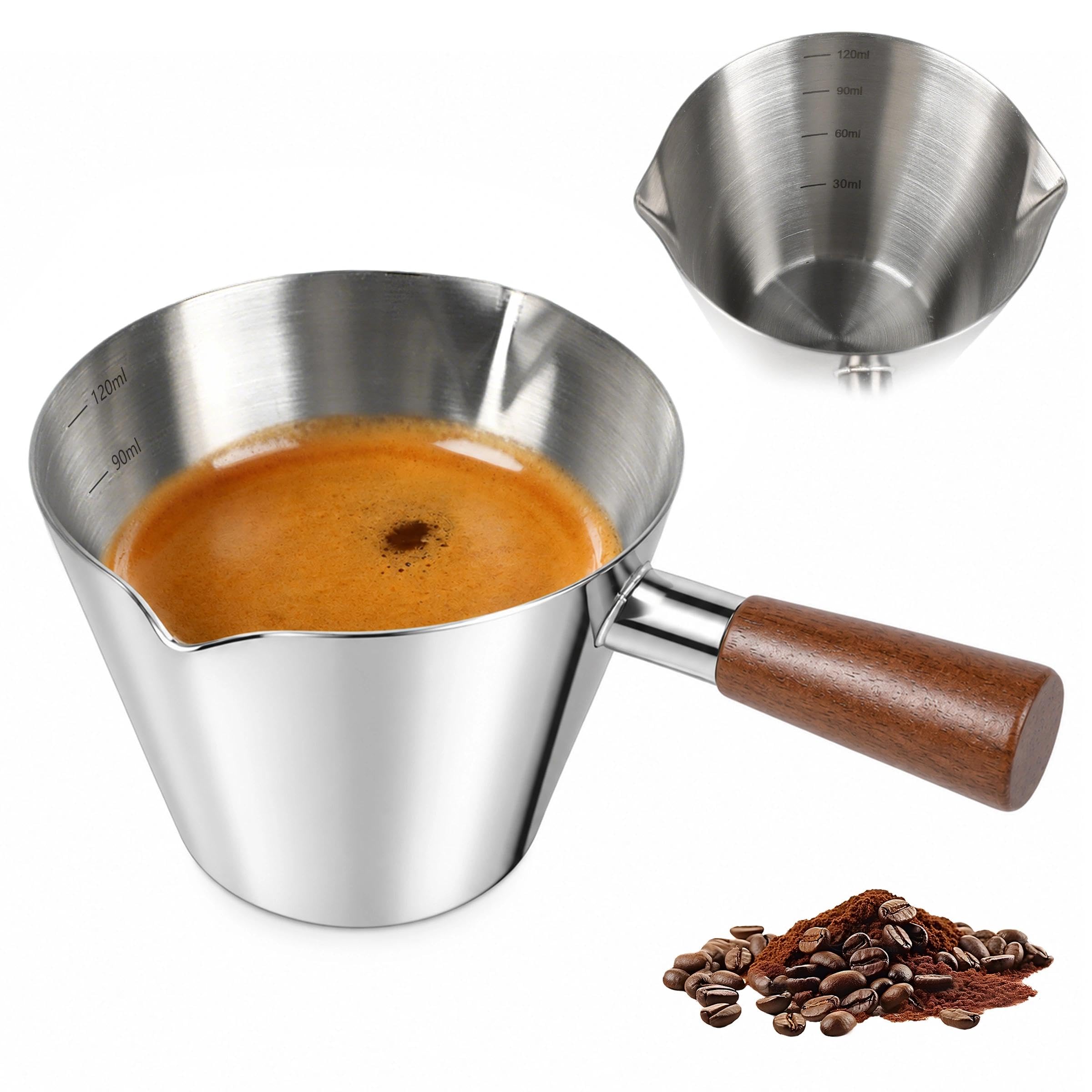 Stainless Steel Espresso Measuring Cup,Metal Measurincup with Wooden Handle