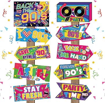 20 Pieces 90s Party Decorations Sign Retro Hip Hop Party Sign for Back to The 90s Adults Neon Throwback Birthday Party Supplies