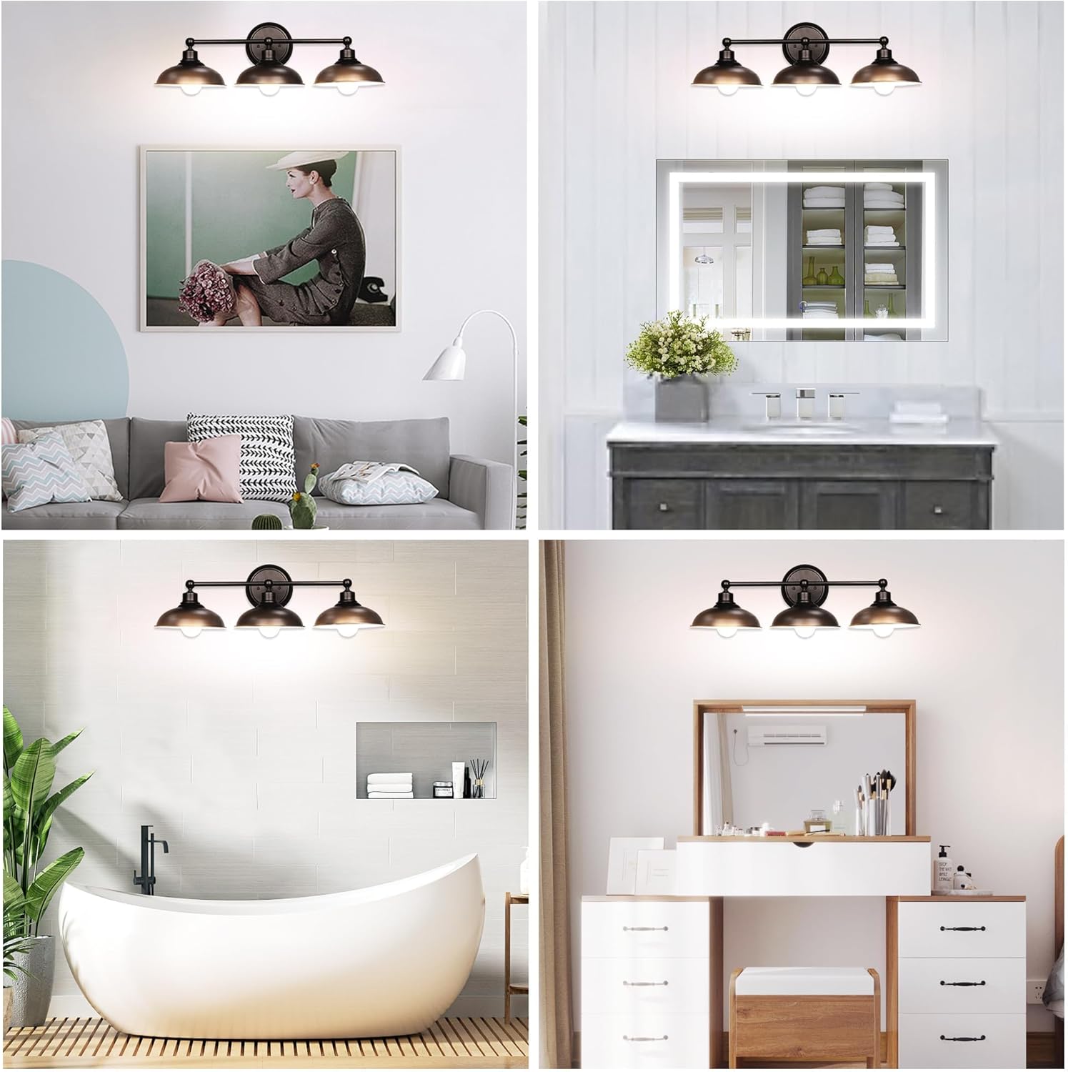 27.24'' Industrial Farmhouse 3-Light Indoor Bathroom Vanity Light with Metal Shades for Over the Mirror, Oil Rubbed Bronze, E26 Base (Bulbs Not Included)