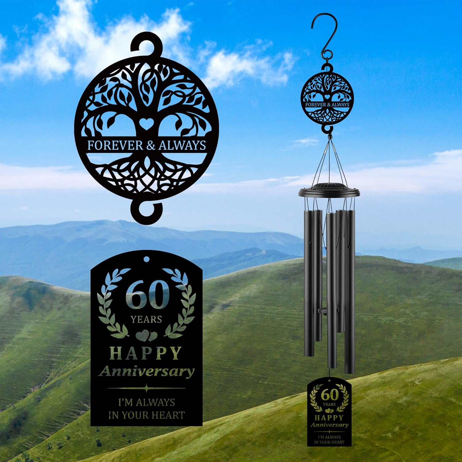 37'' 60th Anniversary Wind Chime Gifts,Golden Wedding Anniversary Presents,Happy 60th Wedding Decorations for Parents,Couples,Husband,Wife,Friends