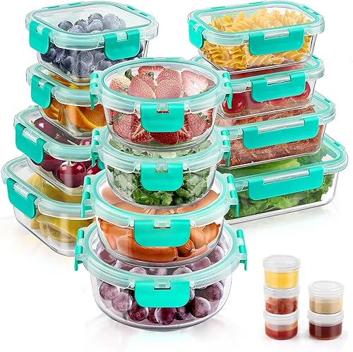 Juego de 34 recipientes de vidrio para almacenamiento de alimentos con tapas, recipientes herméticos de vidrio para preparación de comidas (17