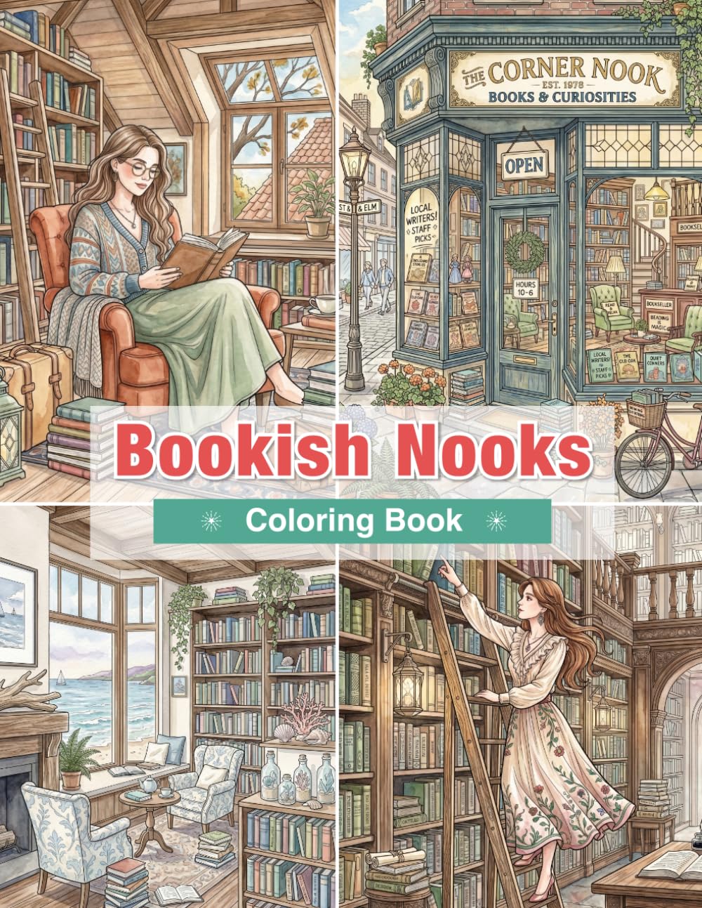 Bookish Nooks Coloring Book: Cozy Reading Spaces, Dream Libraries, Reading Corners, and Literary Retreats for Book Lovers