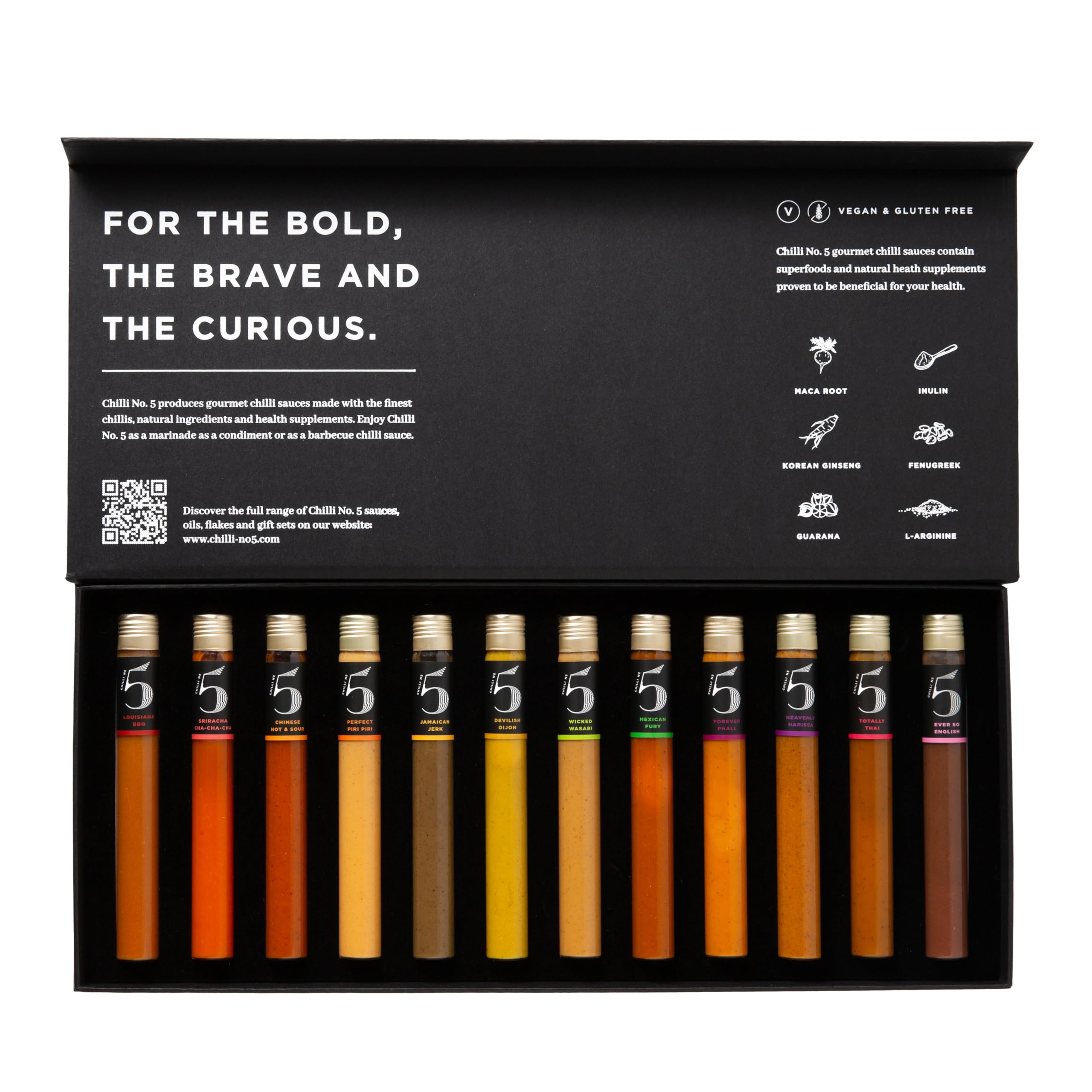 Chilli No. 5 Passport Piccanté | Coffret Sauce Piquante du Monde- 12 flacons en verre de 25 ml, Coffret Cadeau Gourmet, Super-aliments Sains, Végan, Sans Gluten, Sans Arômes